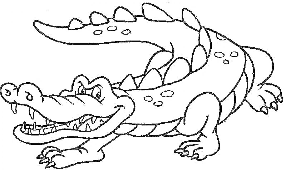 На раскраске изображено: Зубцы, Точки, Спина, Движение, Лапы, Хвост, Крокодил