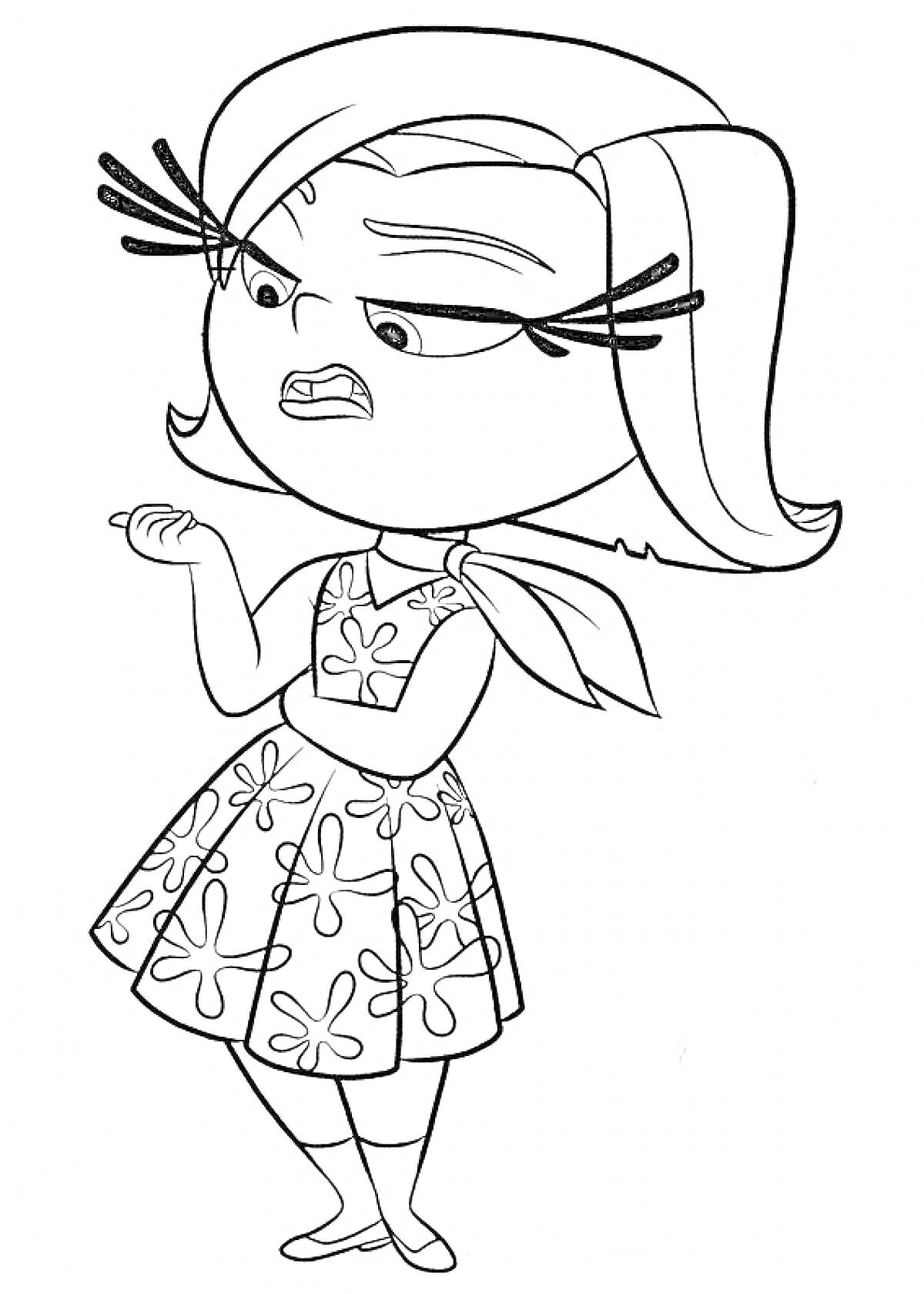 Раскраска Девочка из мультфильма в платье с цветочным рисунком