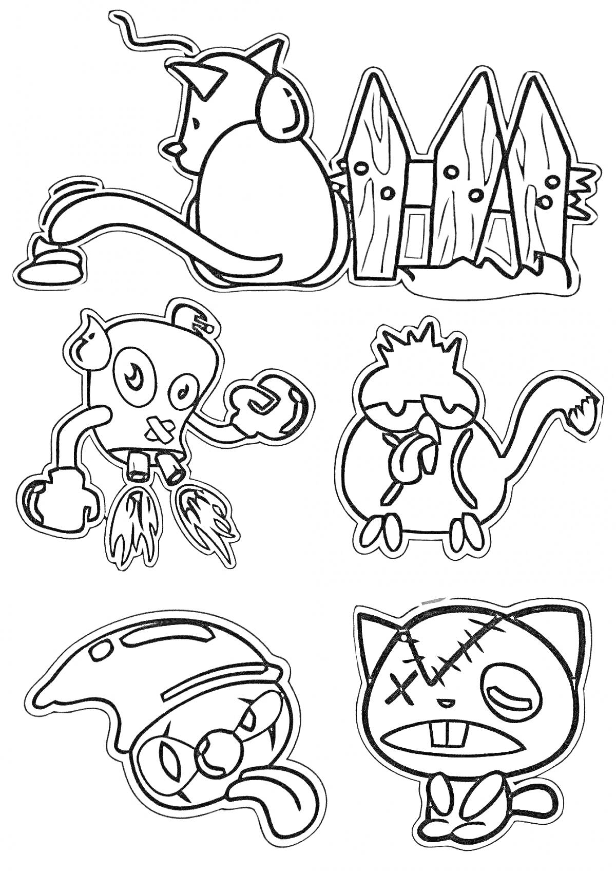 Раскраска Стикеры с нарисованными причудливыми котами и роботом