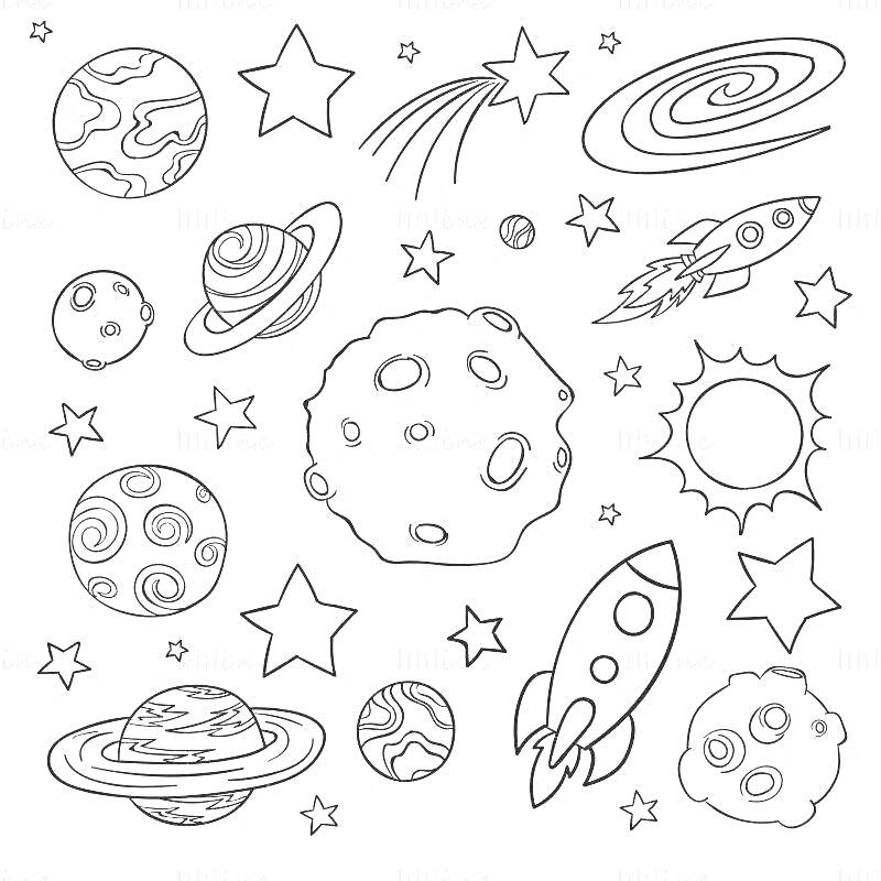 На раскраске изображено: Ракета, Звезды, Планеты, Галактика, Комета, Космос, Небо, Вселенная, Астероиды