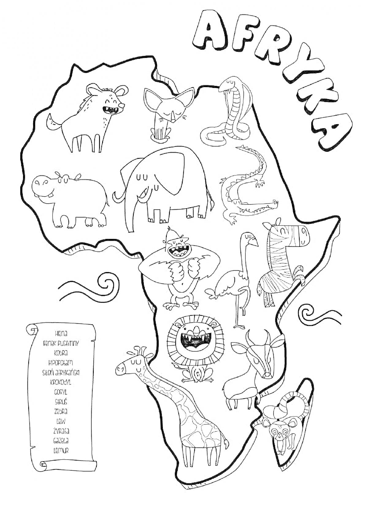 Раскраска карта Африки с изображениями континента, животных (бегемот, слон, жирафа, зебра, крокодил, лев, змея, обезьяна, носорог, антилопа), словарем на польском языке с названиями животных