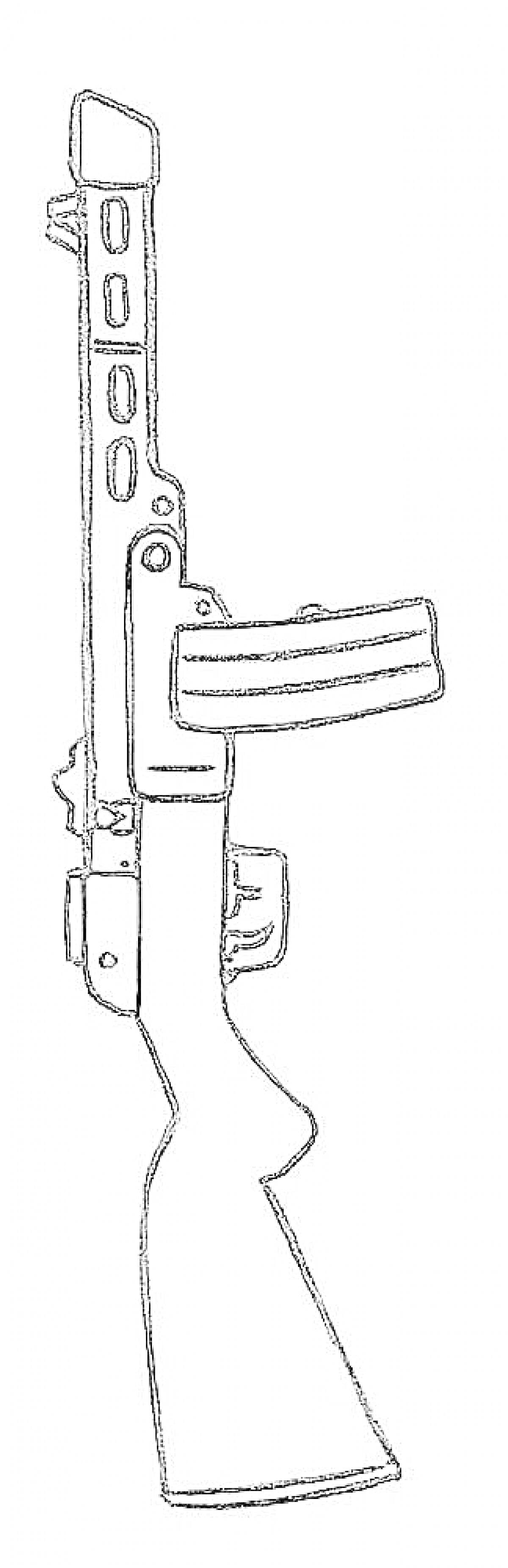На раскраске изображено: Пистолет-пулемет, Оружие, Магазин, Ствол, Мушка, Прорези