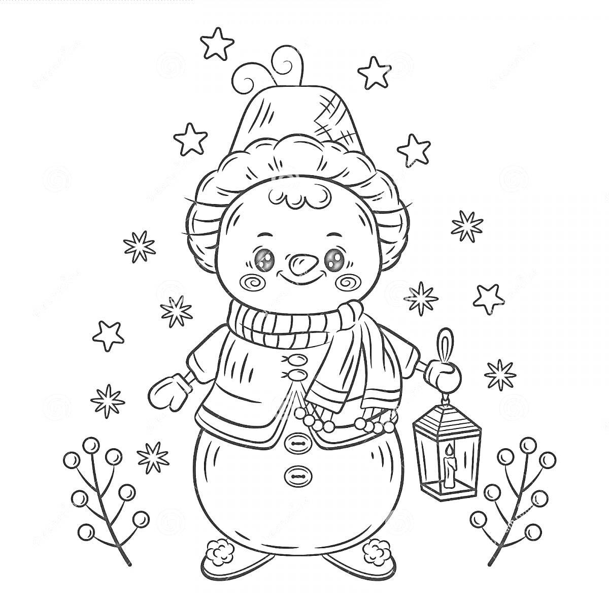На раскраске изображено: Шляпа, Шарф, Звезды, Зима, Рождество