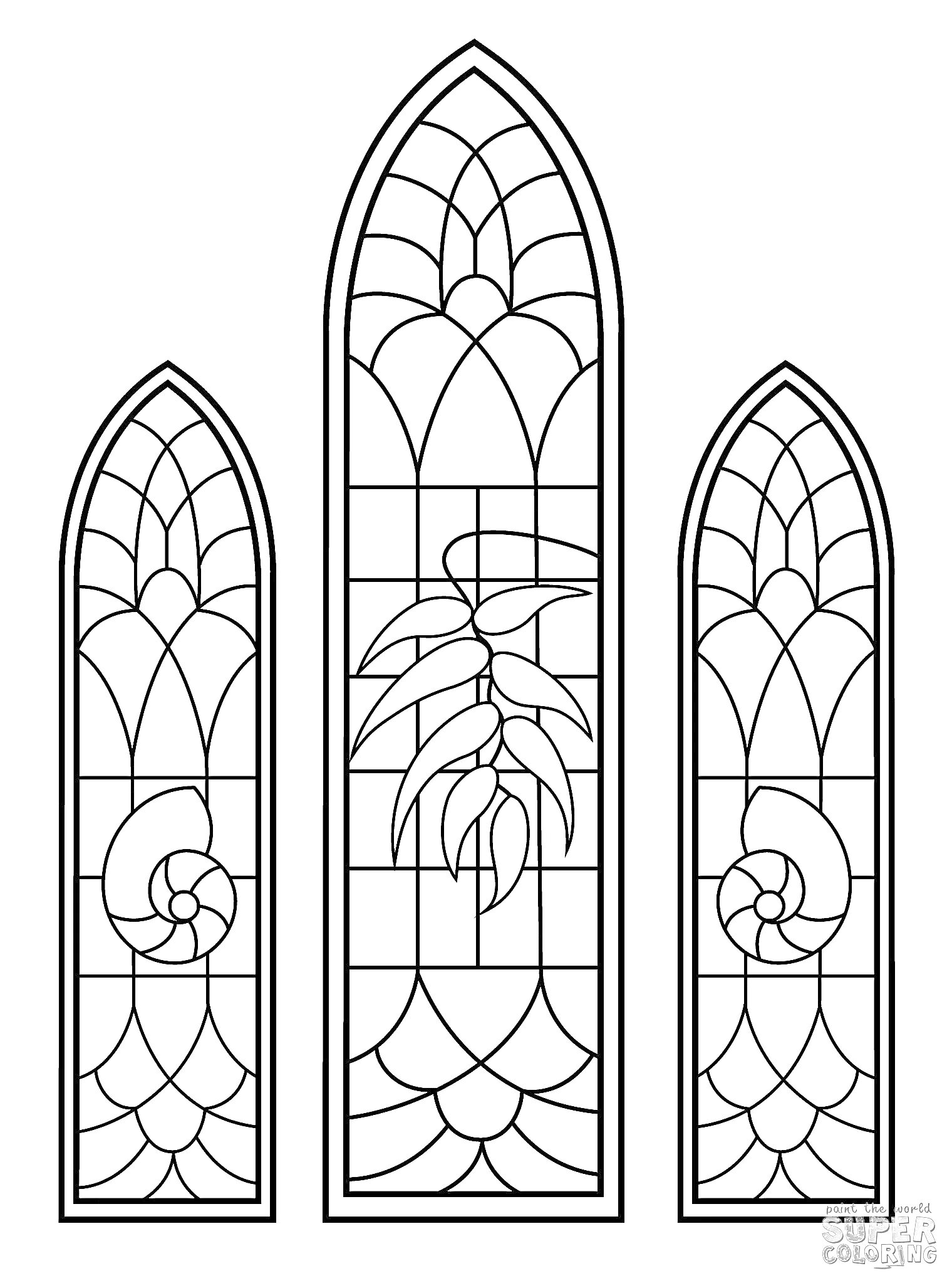 Раскраска Три витражных окна с центральным элементом в виде растения и боковыми элементами в виде спиральных узоров