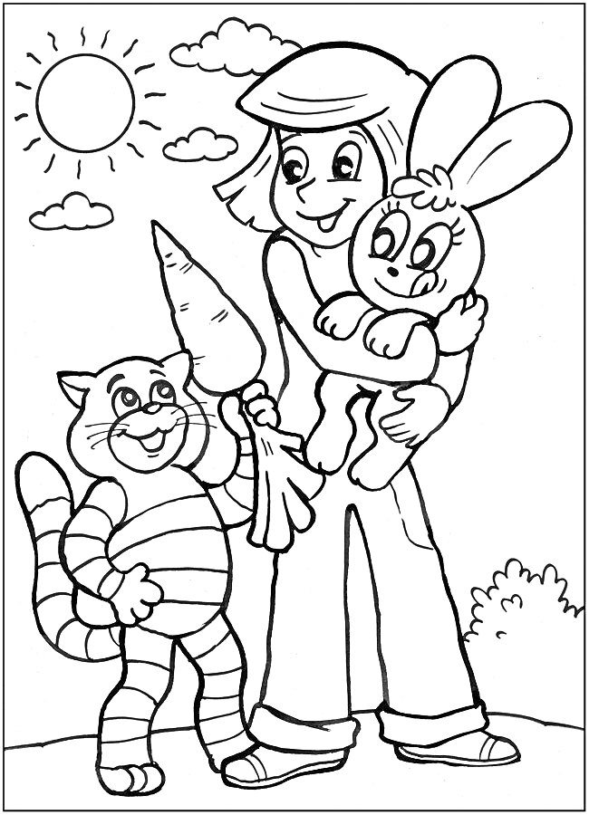 Девочка держит зайца на руках, кот с морковкой, солнце и облака