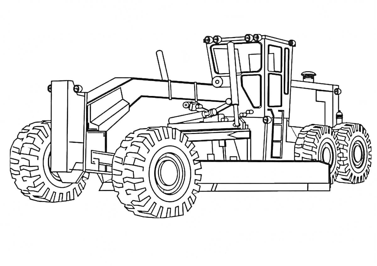 Раскраска Трактор с большими колёсами и открытой кабиной, технические элементы и рычаг управления