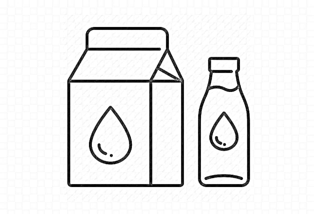 Раскраска упаковка и бутылка с молоком с изображением капли