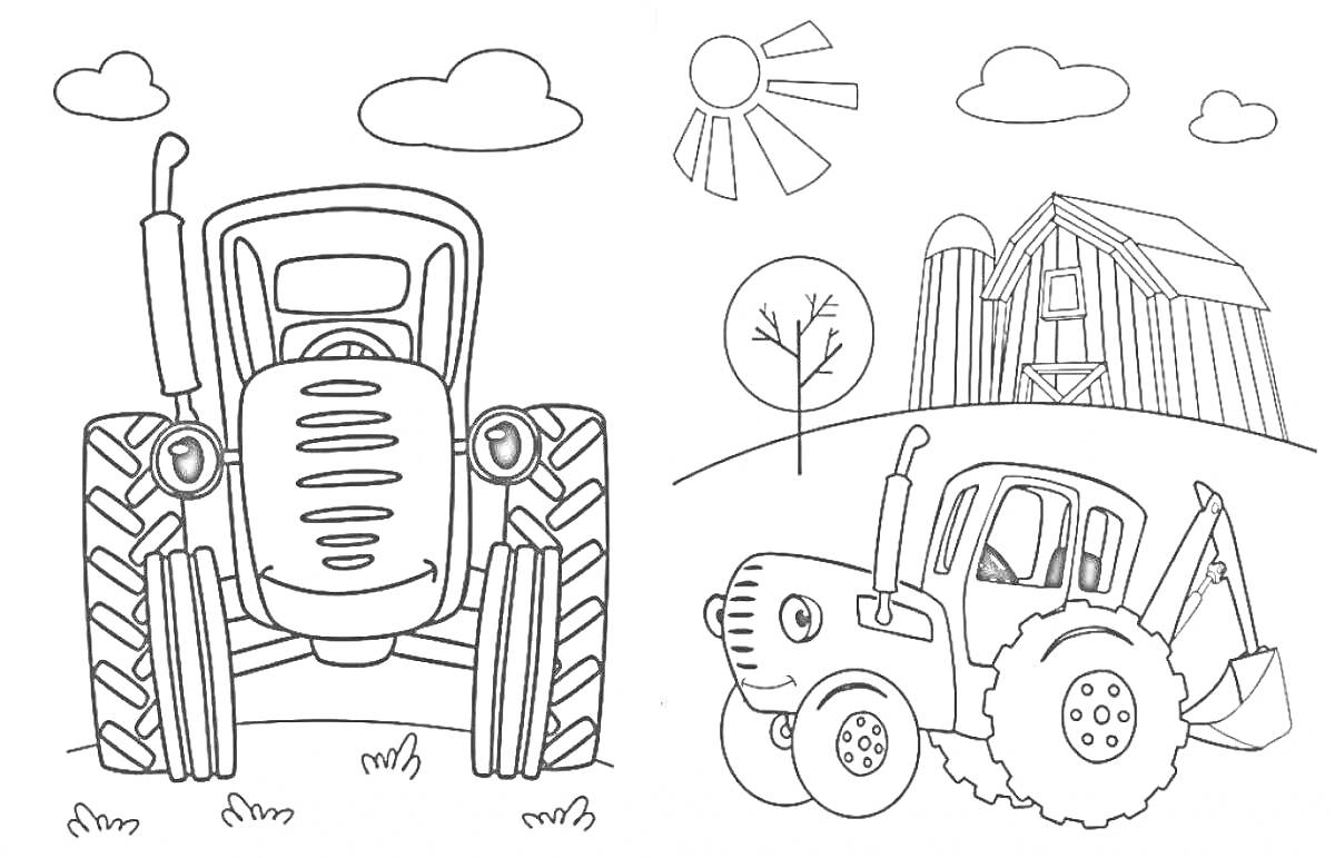На раскраске изображено: Трактор, Синий трактор, Ферма, Сарай, Облака, Солнце, Трава, Для детей, Деревья