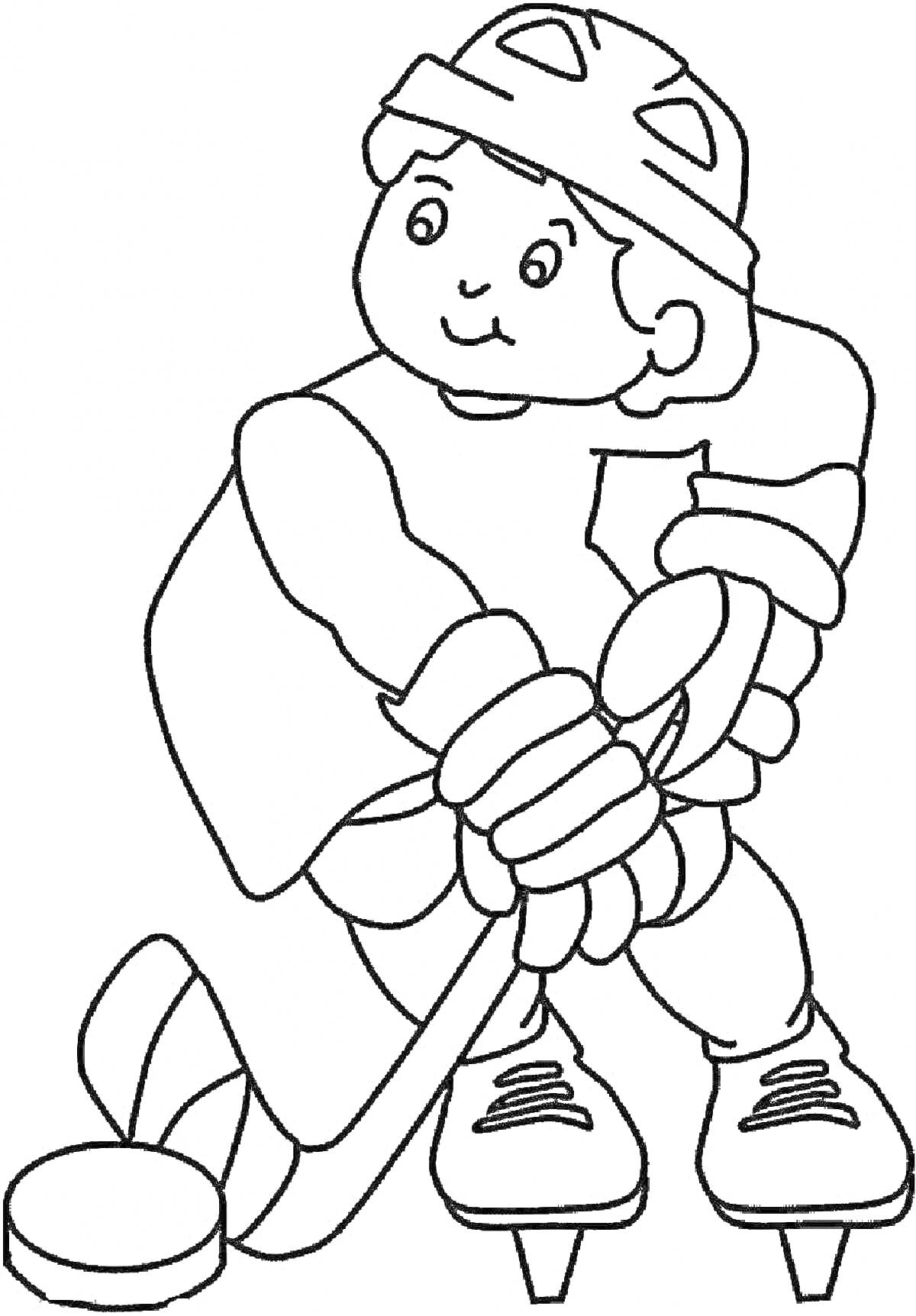 Раскраска Ребёнок в хоккейной форме играет в хоккей с клюшкой и шайбой на коньках