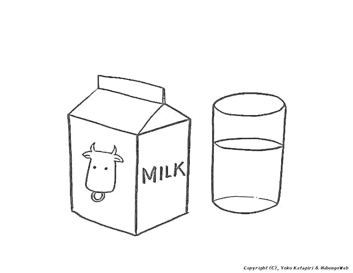 На раскраске изображено: Пакет молока, Стакан молока, Молоко, Корова, Еда, Напиток