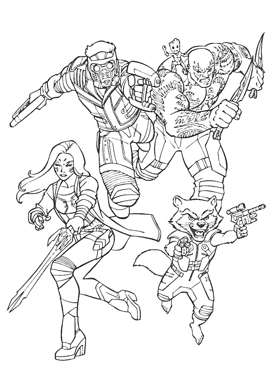 Раскраска Команда Стражей галактики с оружием: человек с маской и оружием, женщина с мечом, гуманоид с ножами, енот с пистолетом и дерево на плече
