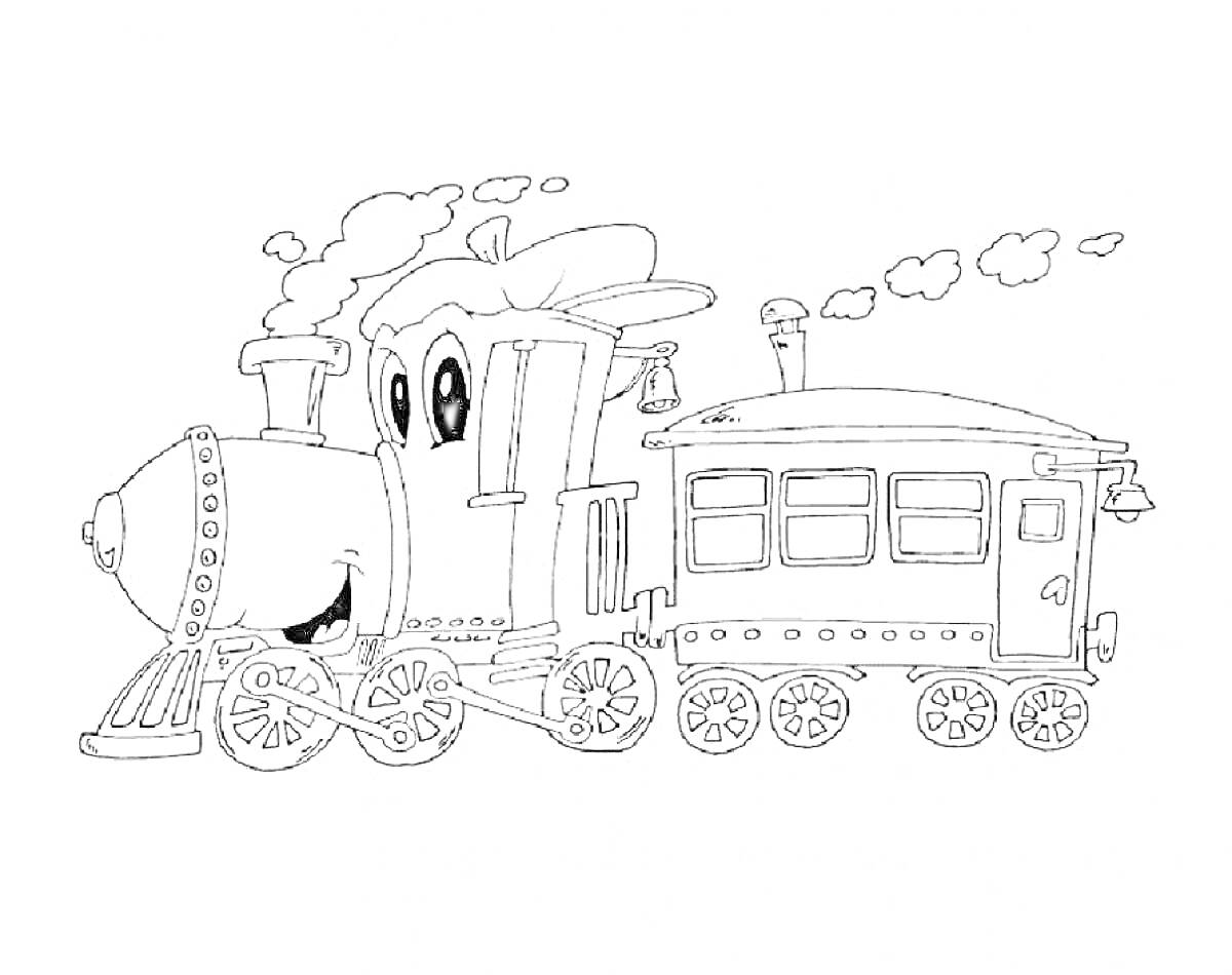 Раскраска Радостный паровозик с вагоном, выпускающий дым
