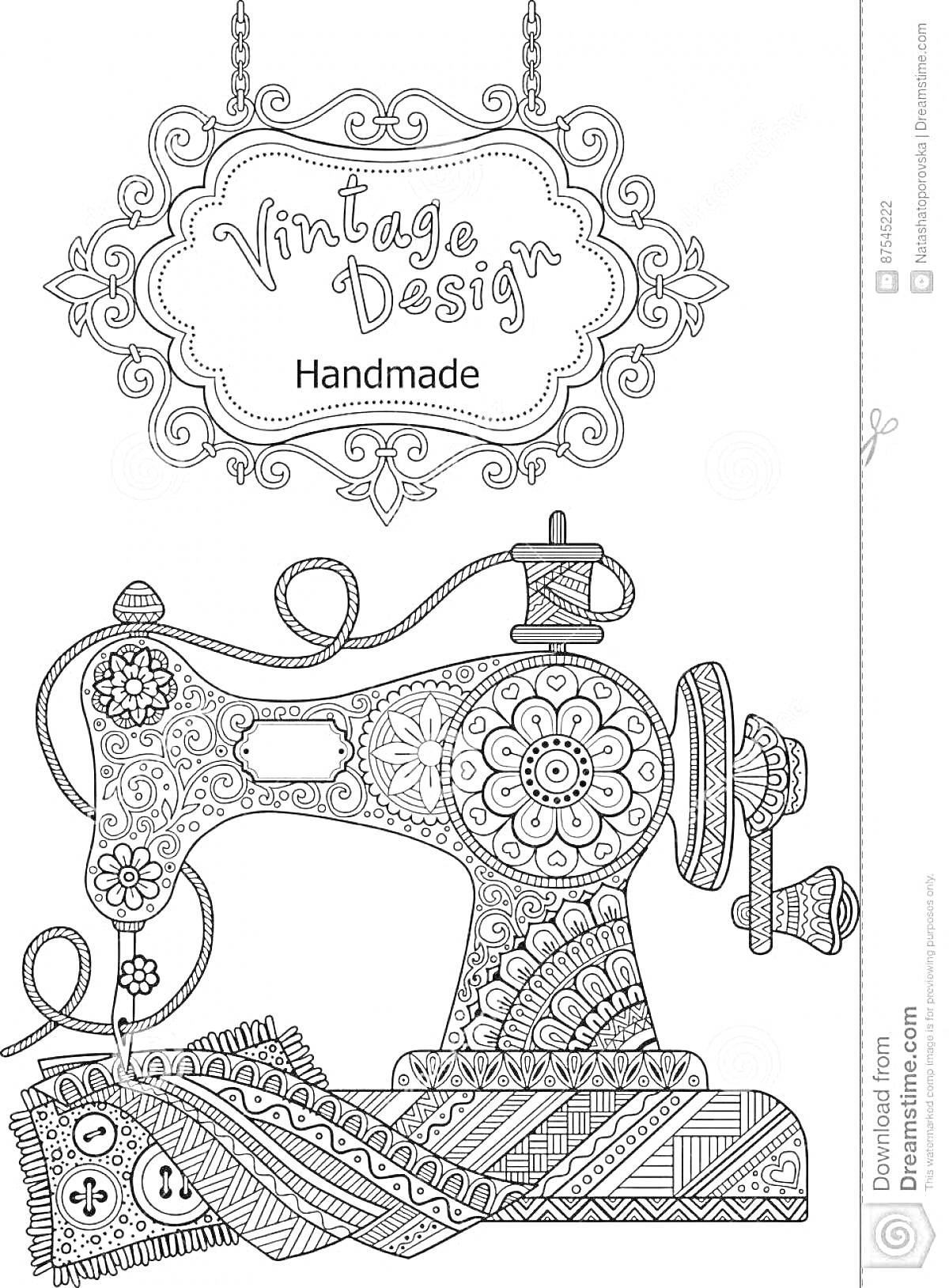 Винтажная швейная машина с декоративными узорами, нитками и баннером 