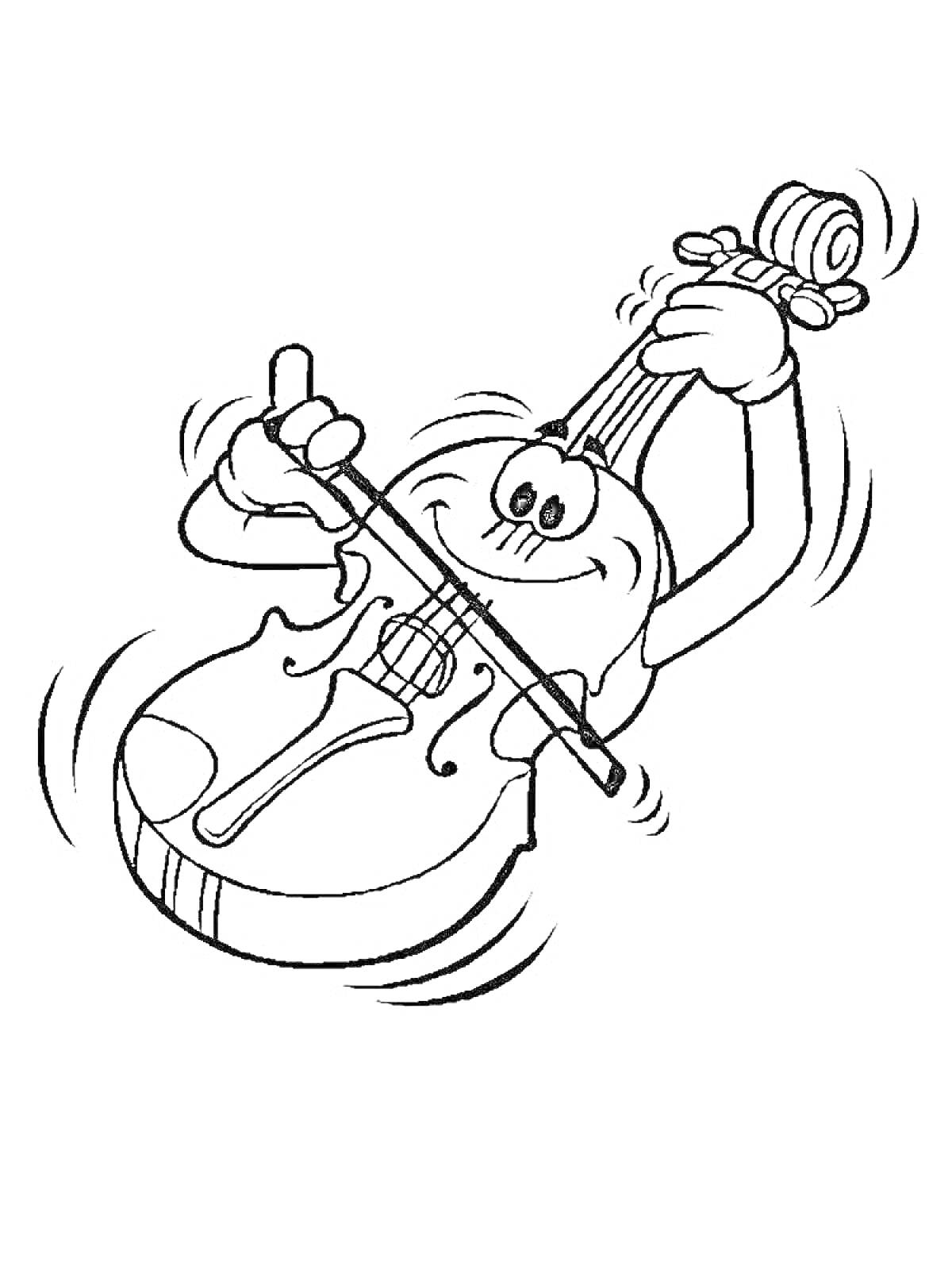 Раскраска улыбающаяся скрипка с руками и смычком, играющая музыку