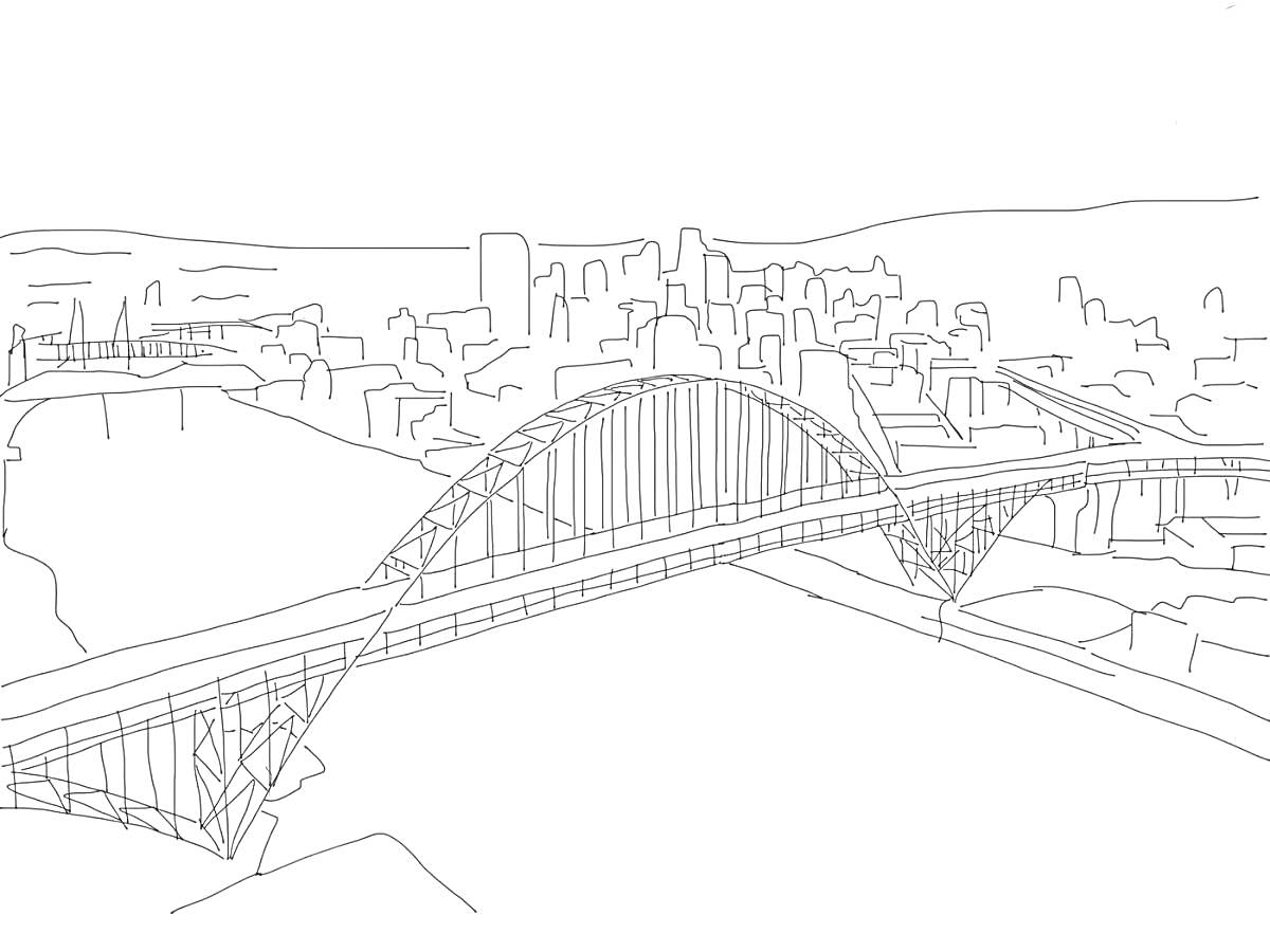 На раскраске изображено: Мост, Здания, Береговая линия, Архитектура