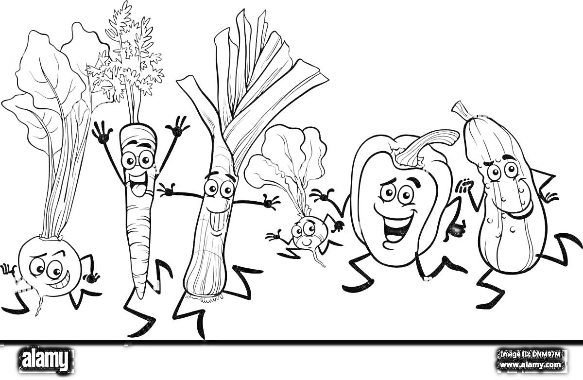 На раскраске изображено: Овощи, Витамины, Морковь, Свекла, Лук-порей, Брокколи, Перец, Кабачок, Мультяшные лица