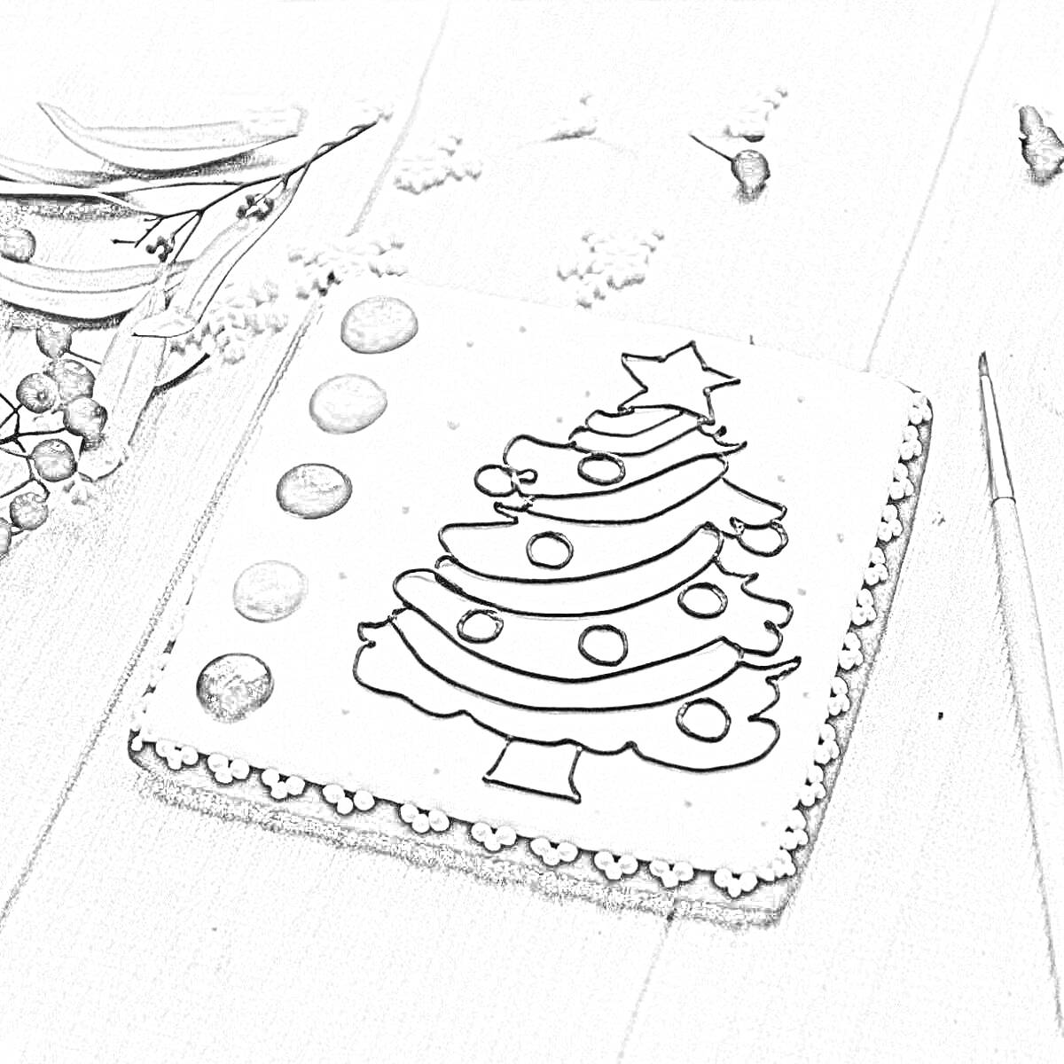 Раскраска Пряник с раскраской, изображающий новогоднюю елку со звездой на вершине, с красками и кистью.