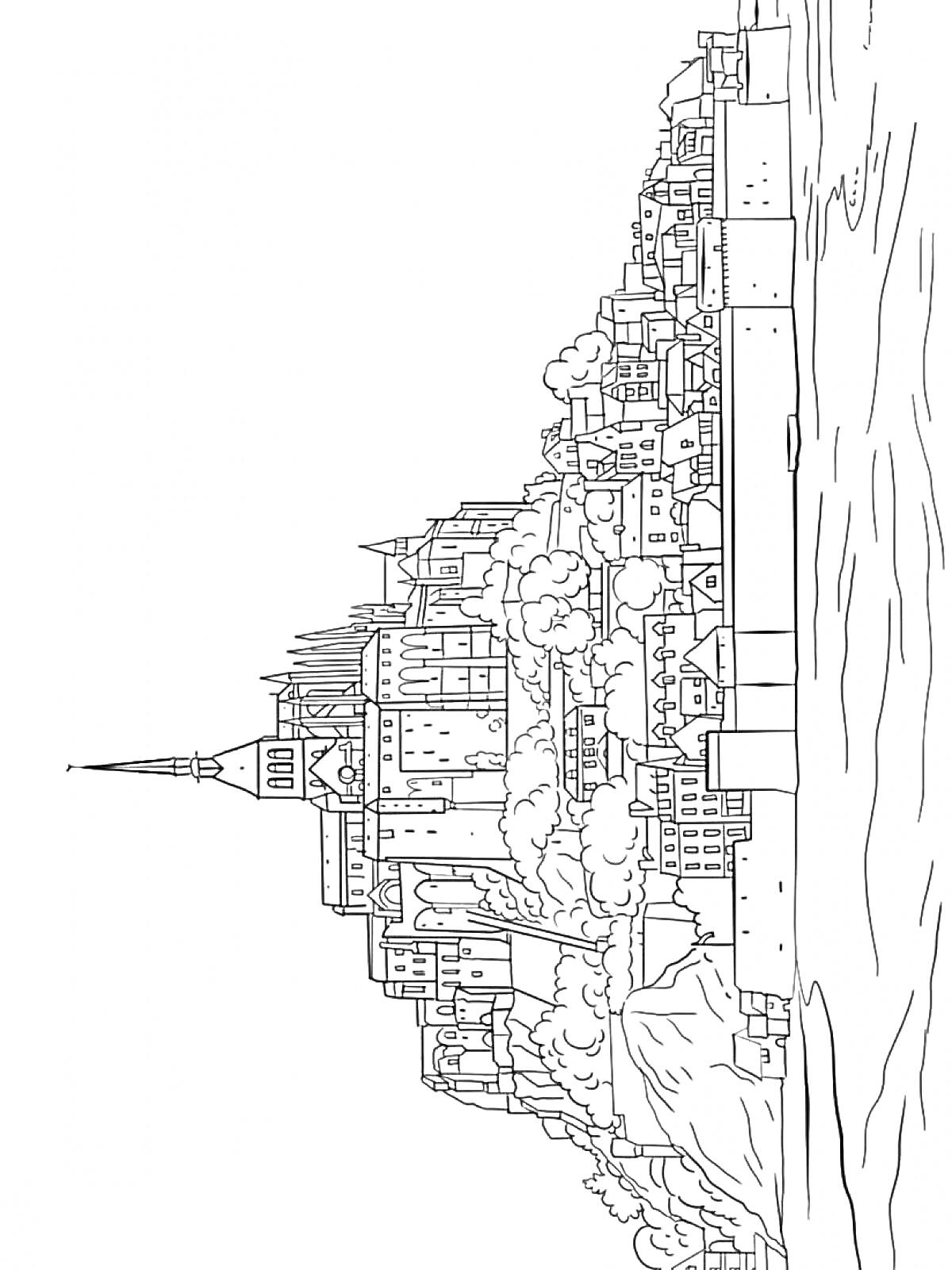 Раскраска Замок на скалистом холме с городскими постройками и крепостной стеной у воды