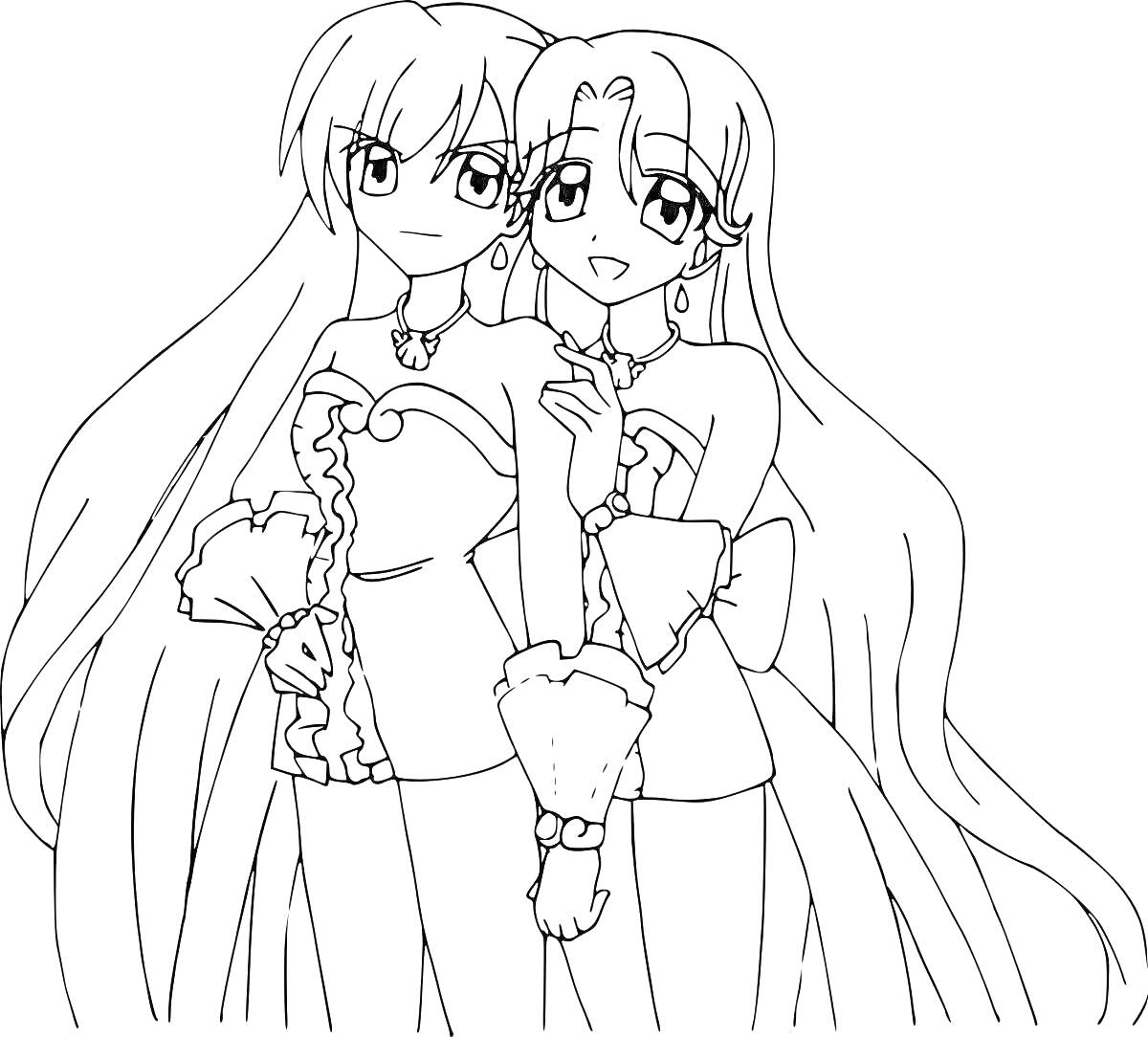 Раскраска Две девушки с длинными волосами в платьях