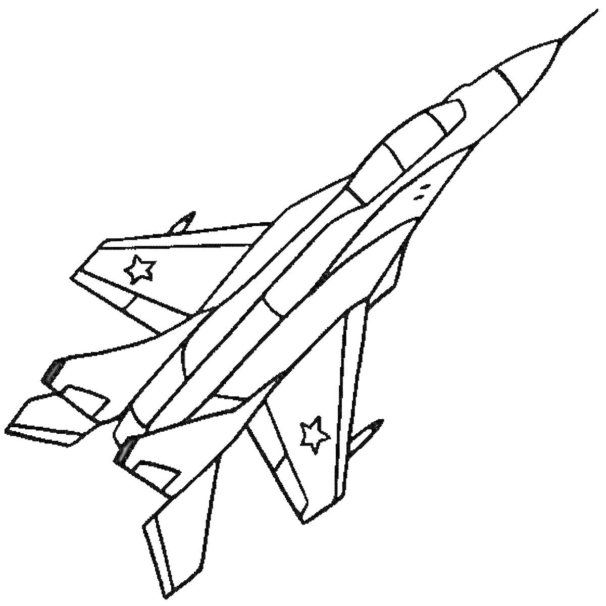 На раскраске изображено: Военный самолёт, Авиация, Крылья, Контурное изображение, Звезды