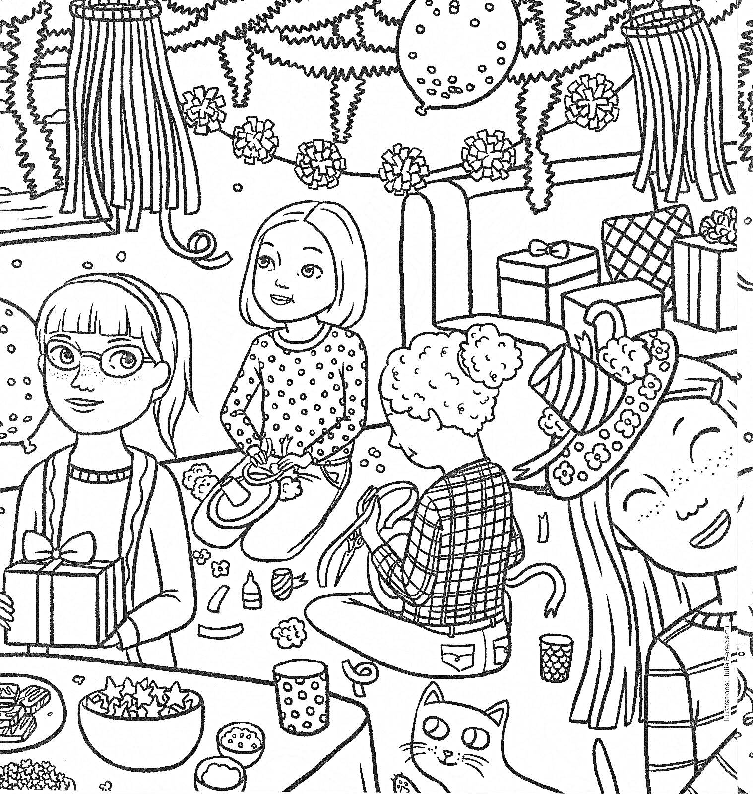 Раскраска Вечеринка с подарками, гирляндами и украшениями. Девочки сидят и распаковывают подарки, на столе стоит миска с попкорном и чашки, на заднем плане висят гирлянды и помпоны, справа изображен кот и украшенная шляпа.