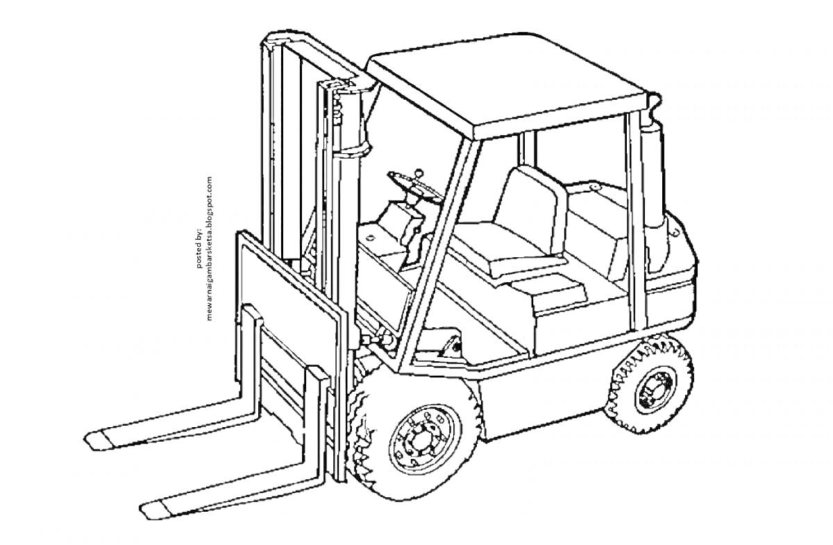 Раскраска Погрузчик вилочный с кабинкой, рулями, педалями и вилами