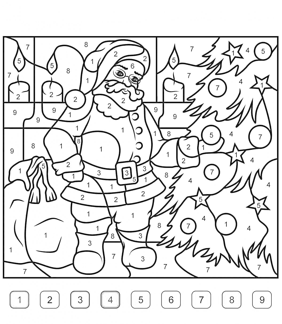 Раскраска Дед Мороз с мешком и елкой, новогодние украшения