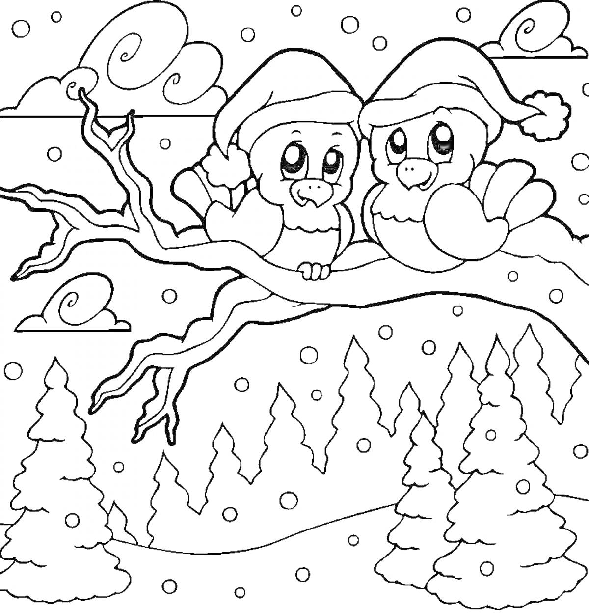 Раскраска Две совы в шапках Санты на ветке в зимнем лесу