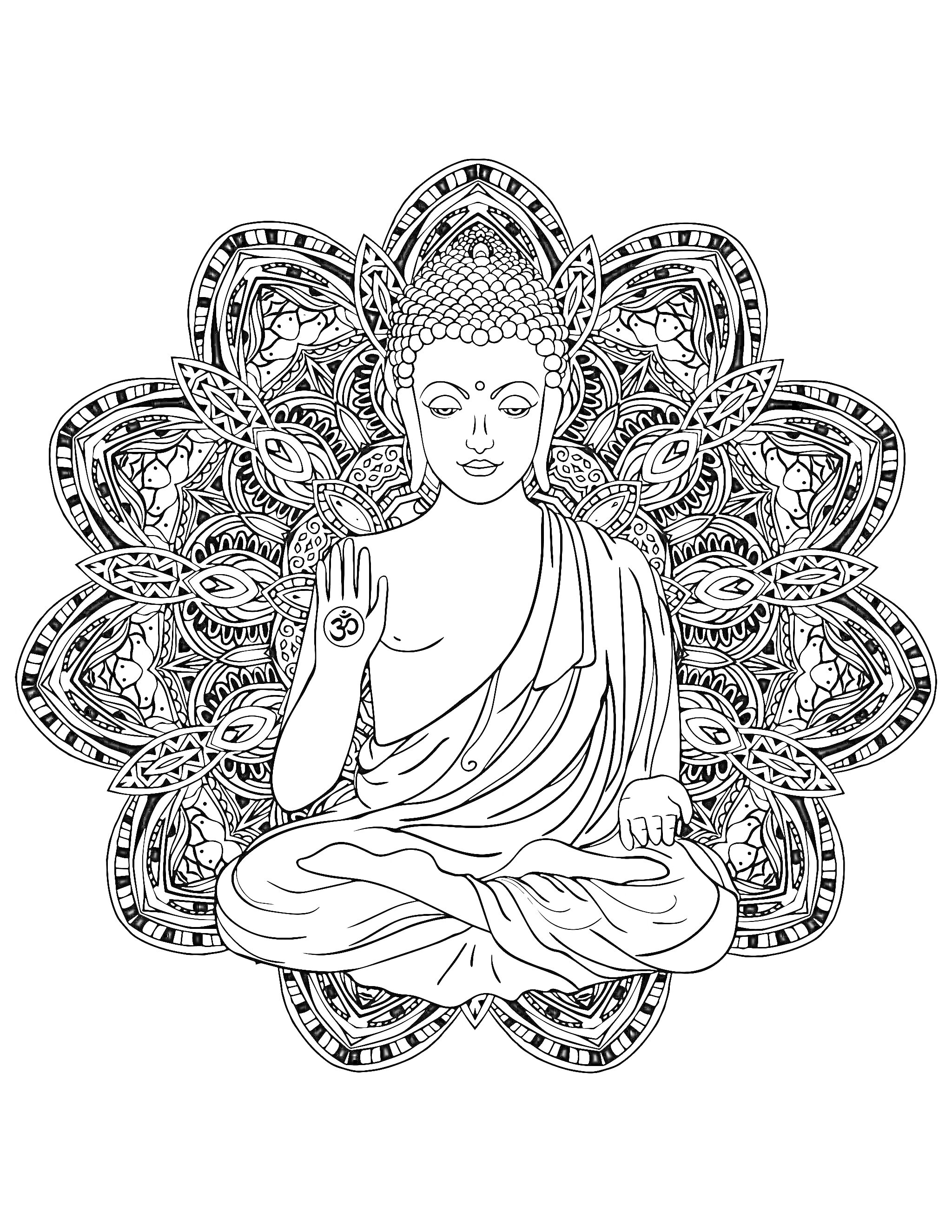 На раскраске изображено: Буддизм, Будда, Медитация, Мандала, Духовность, Религия, Искусство, Спокойствие