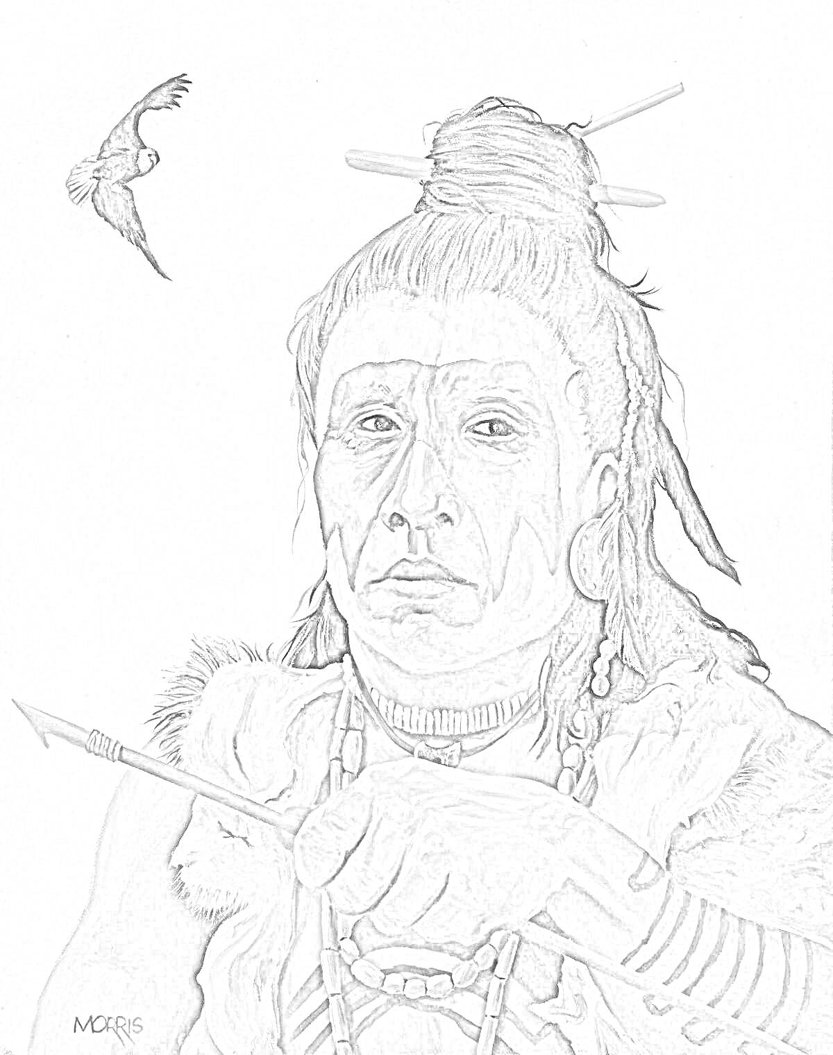 Раскраска Индейский воин с раскрашенным лицом и дротиком, на заднем плане летящий орел