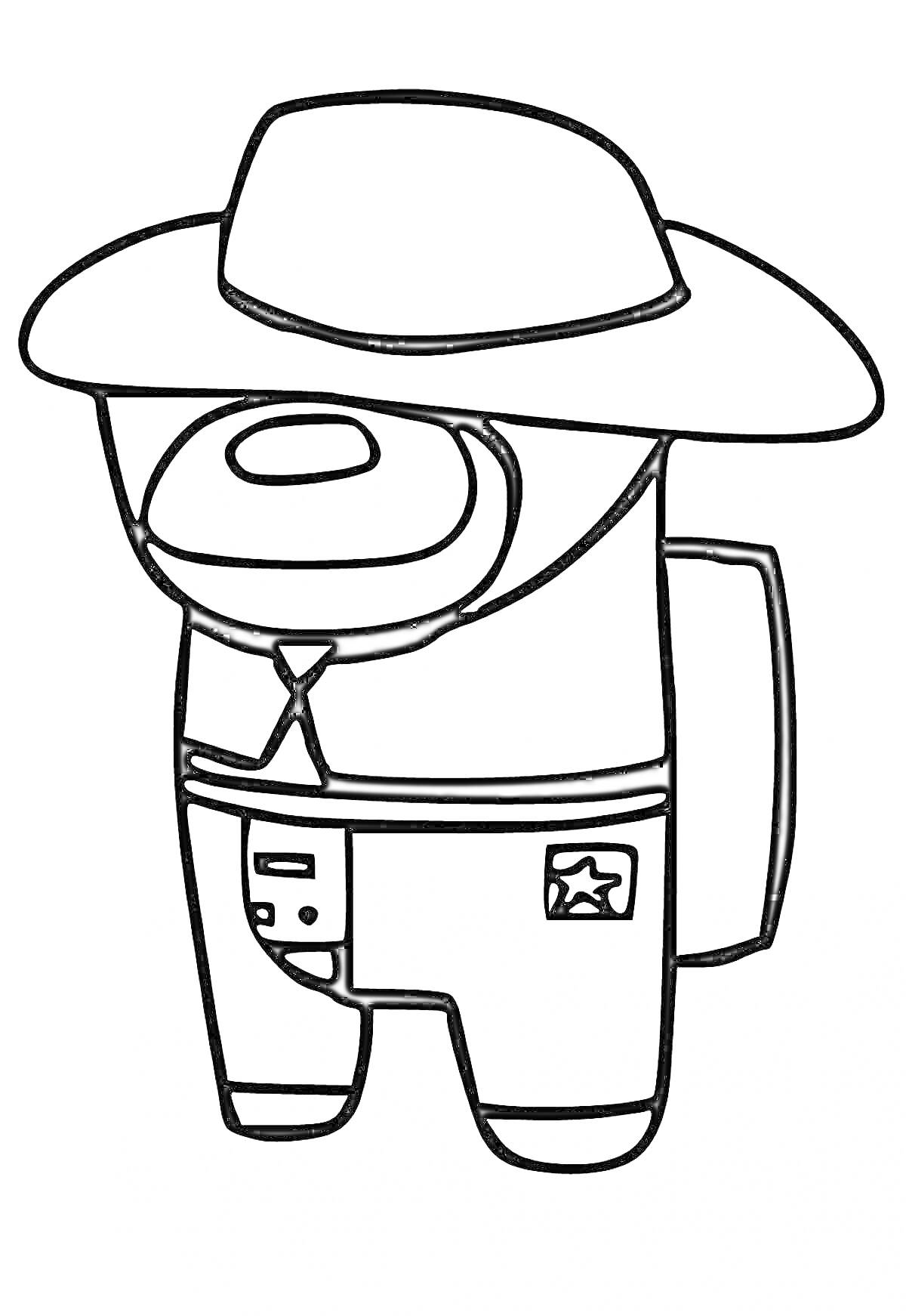 Раскраска Персонаж Амонгас в ковбойском костюме с шляпой и рюкзаком