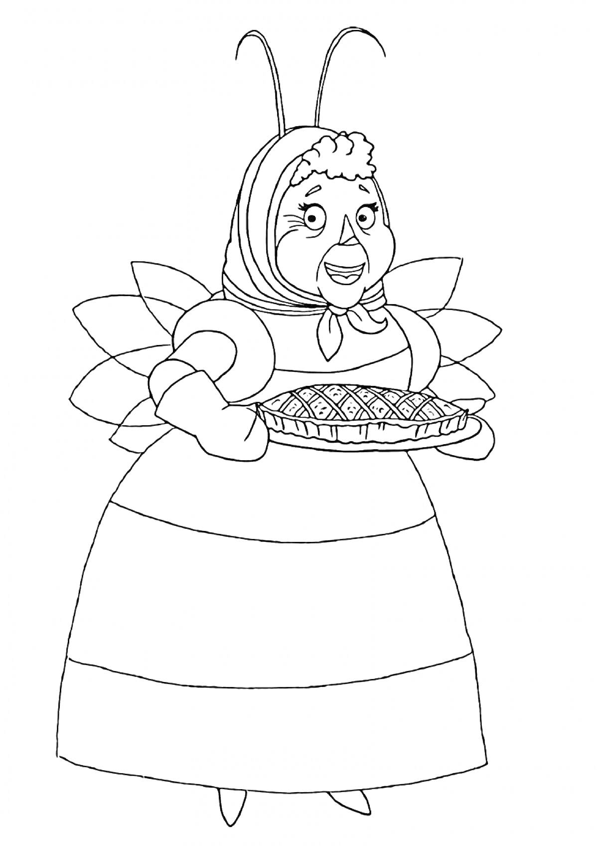 Раскраска Баба Капа с пирогом на руках