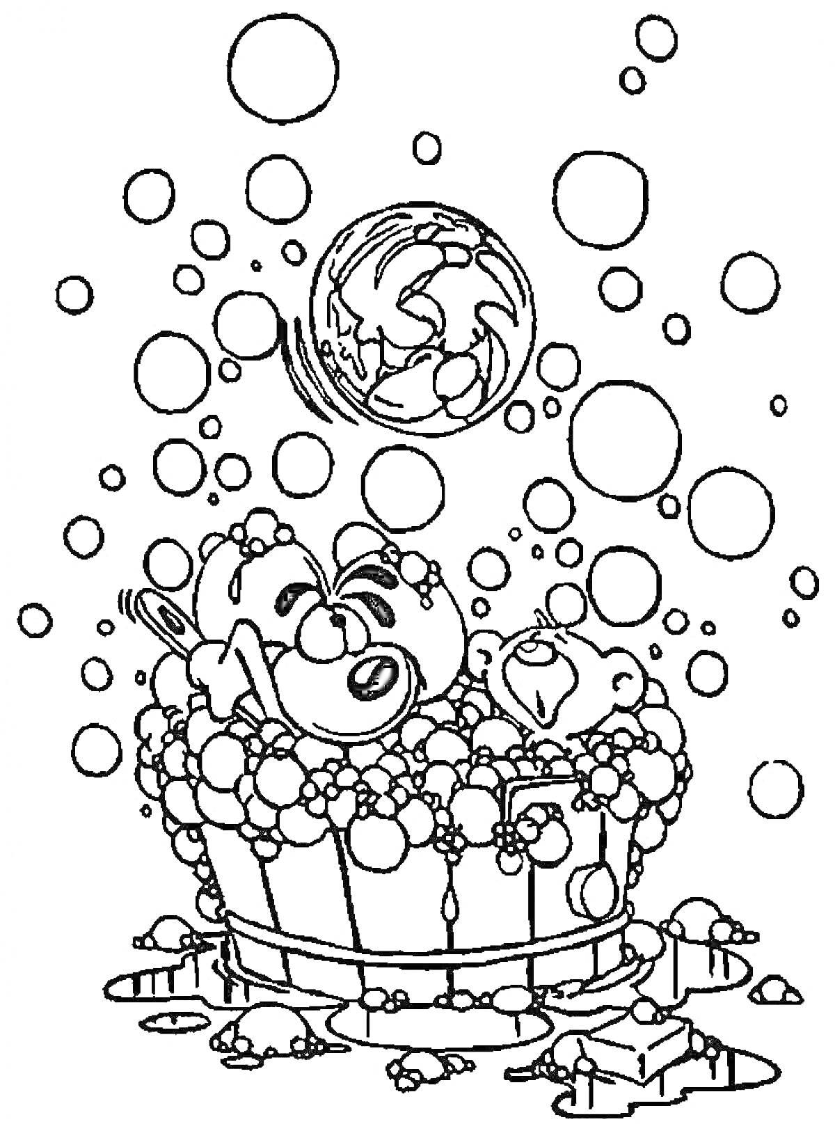 На раскраске изображено: Ванна, Мыльные пузыри, Купание, Пена, Вода, Мышь, Веселье