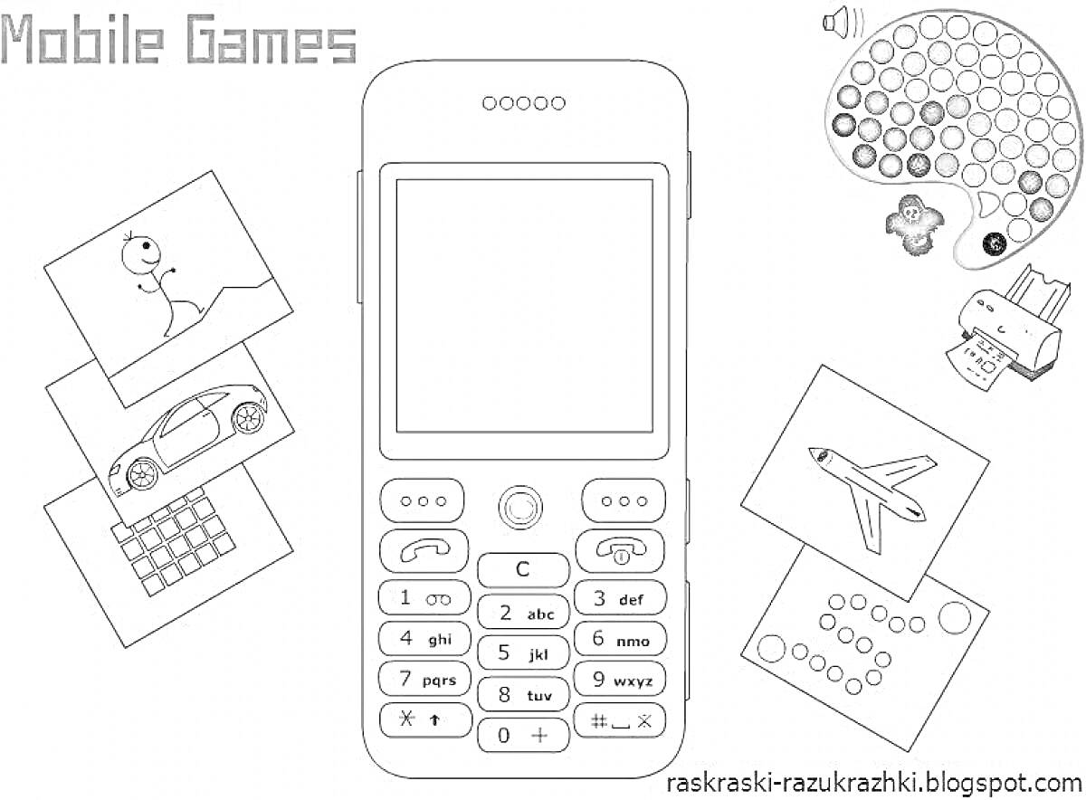 Раскраска Mobile Games. Телефон с кнопками, картинки с играми: гонки, самолет, головоломка с точками и другими изображениями, игровая приставка, джойстик, диск