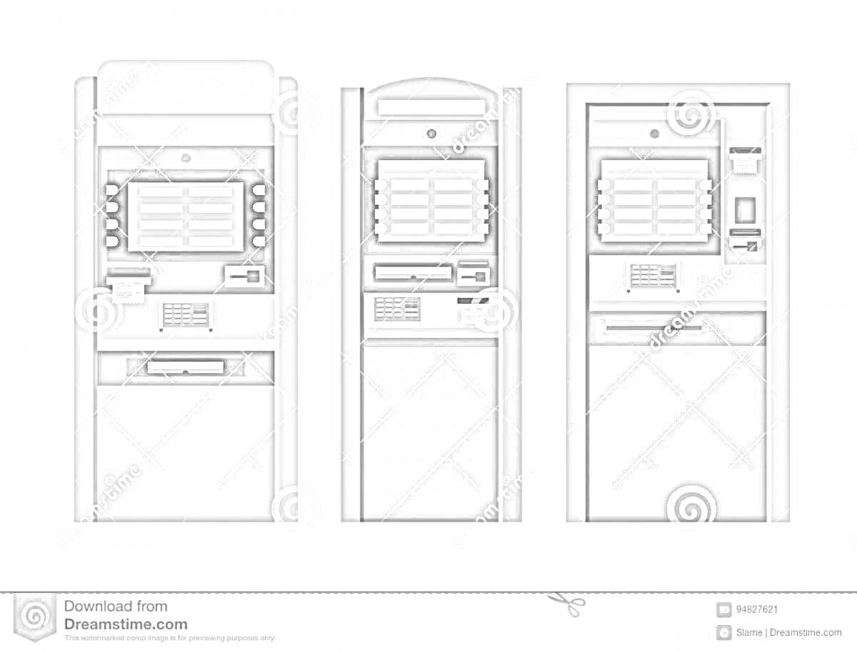 Раскраска Три банкомата с экранами, клавиатурами и слотами для карт