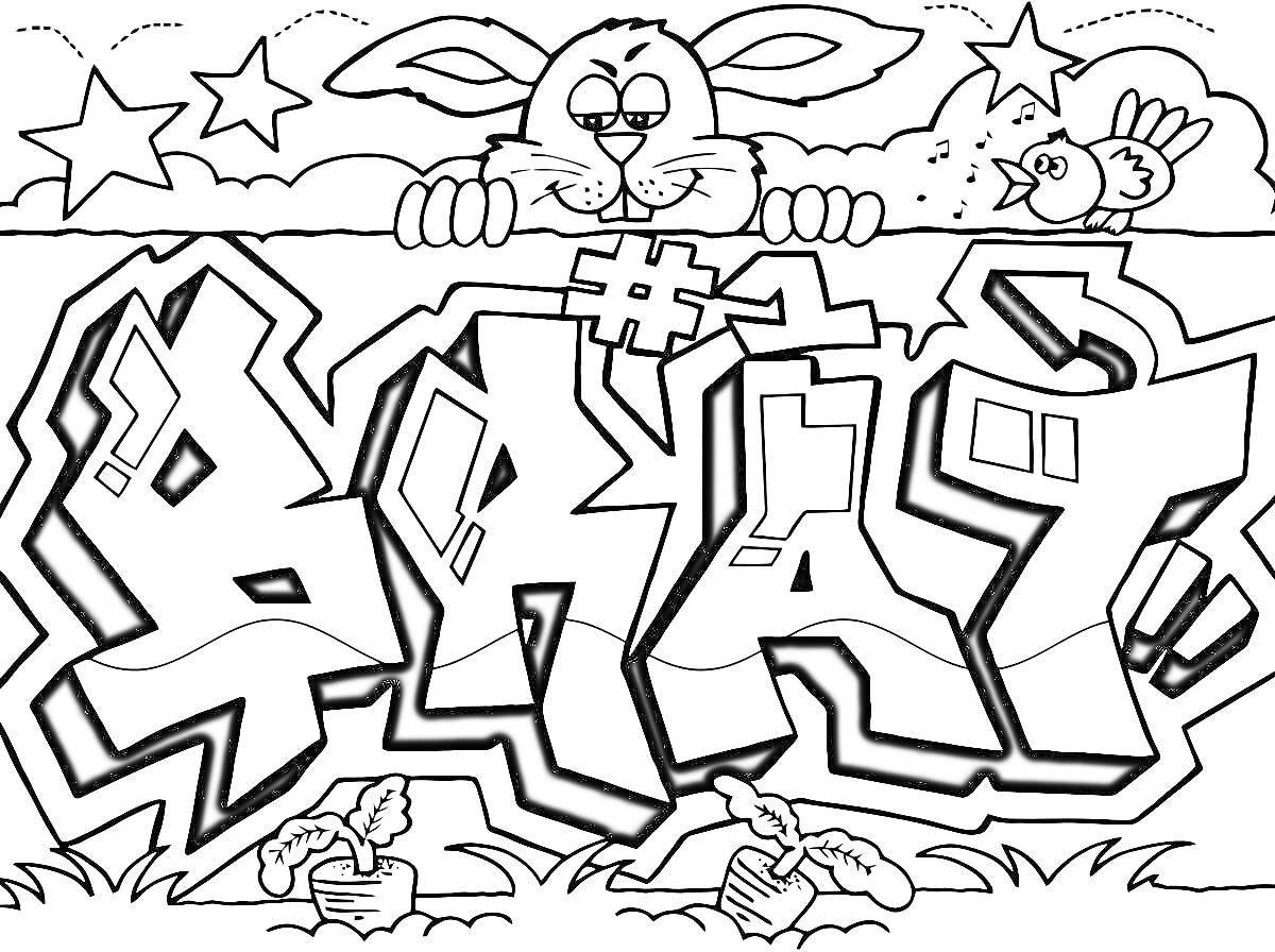 Раскраска Граффити с кроликом, птицей, звездами и листьями