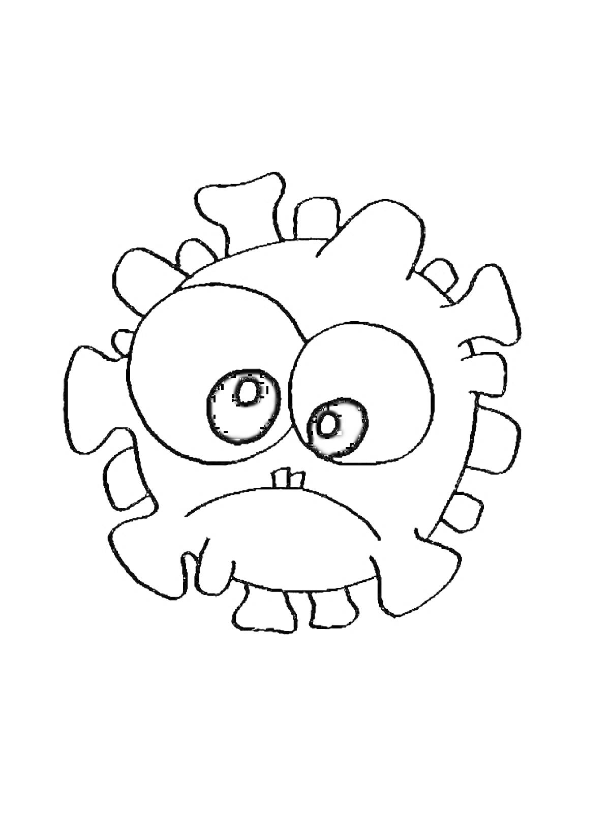 Забавный коронавирус с большими глазами и грустным выражением лица