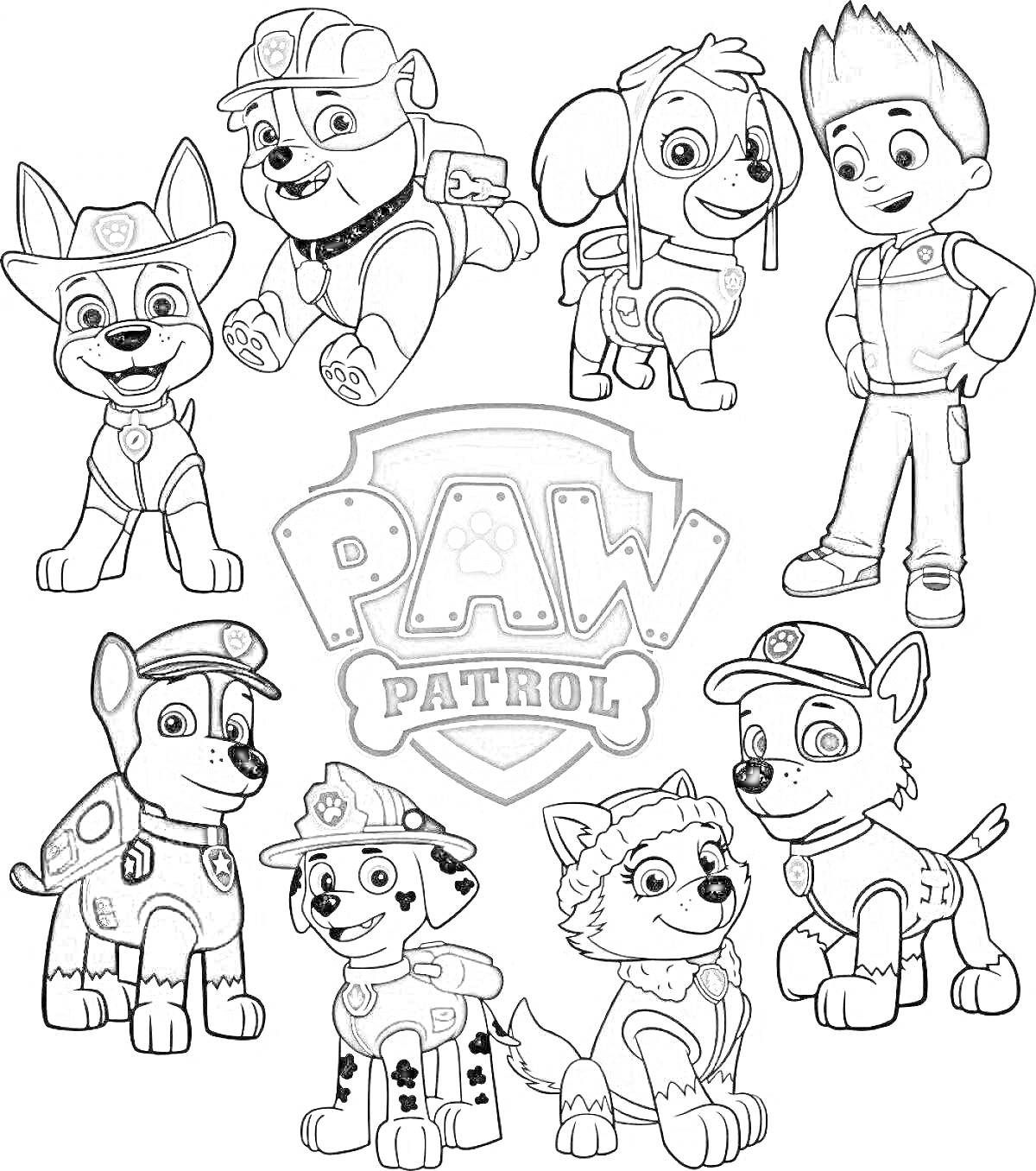 Раскраска Щенячий патруль с центральным логотипом и всеми персонажами (8 персонажей: 7 щенков и один человек)