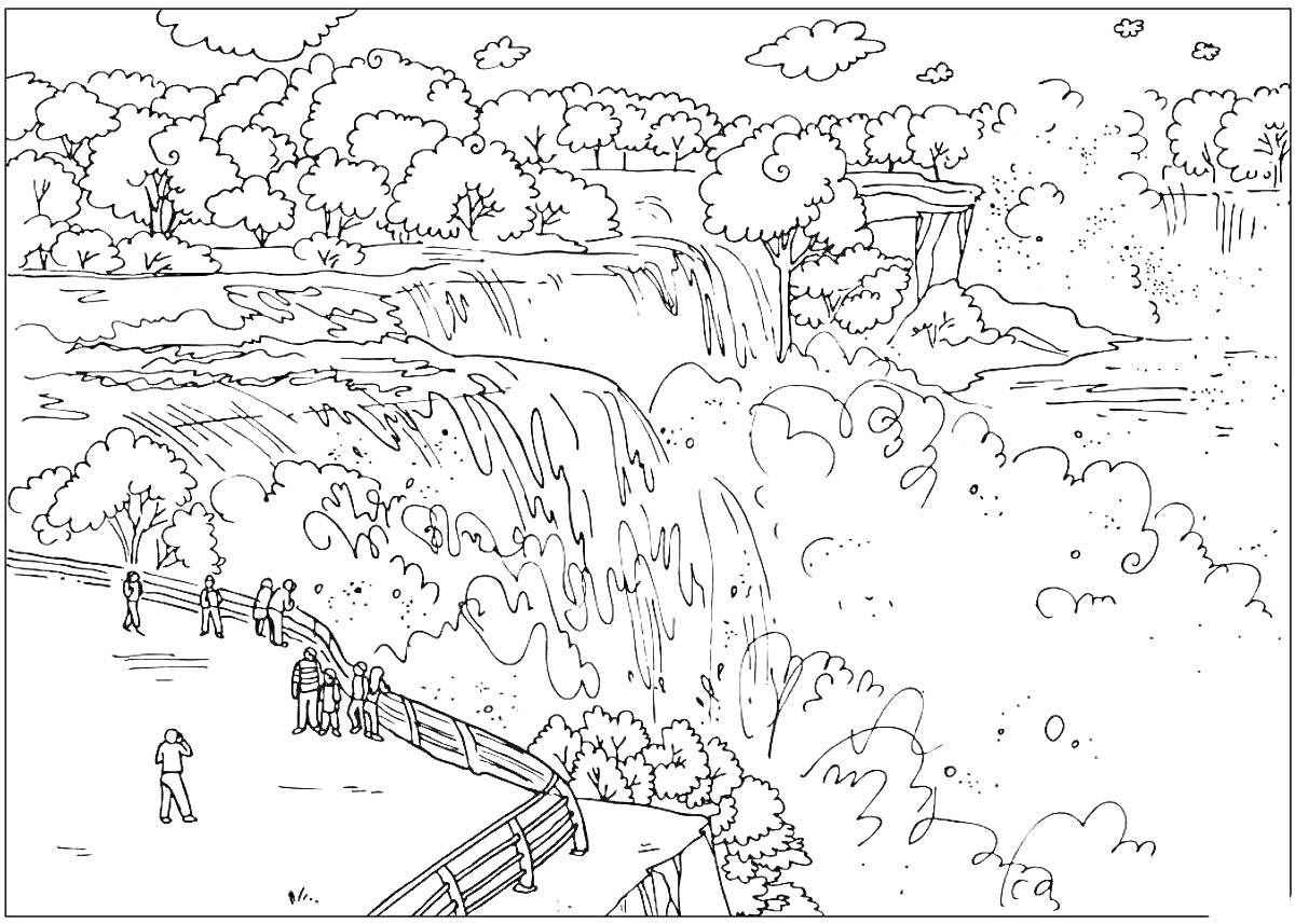На раскраске изображено: Водопад, Природа, Деревья, Река, Скалы, Брызги, Облака