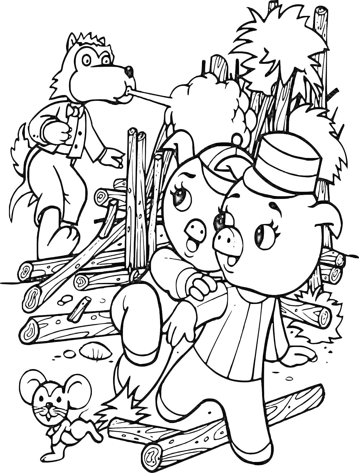 На раскраске изображено: Три поросенка, Волк, Лес, Животные, Для детей 3-4 лет