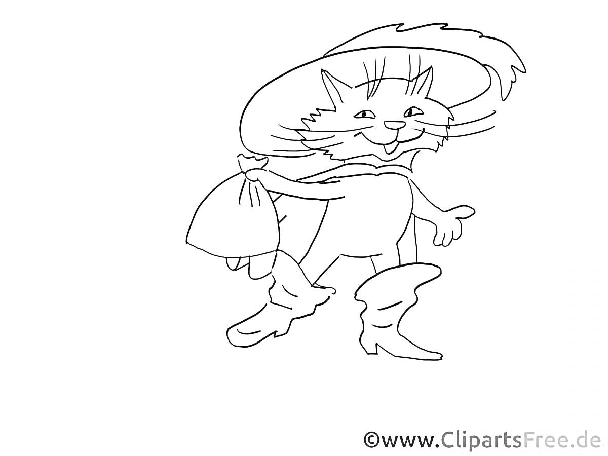 Раскраска Кот в сапогах в шляпе, с мешком на плече
