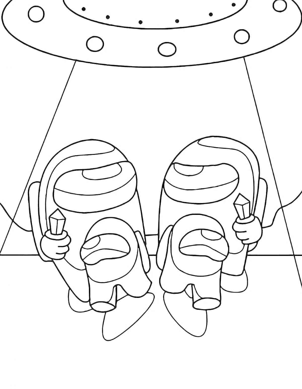 Раскраска Двое персонажей Амонг Ас с кристаллами на фоне корабля НЛО