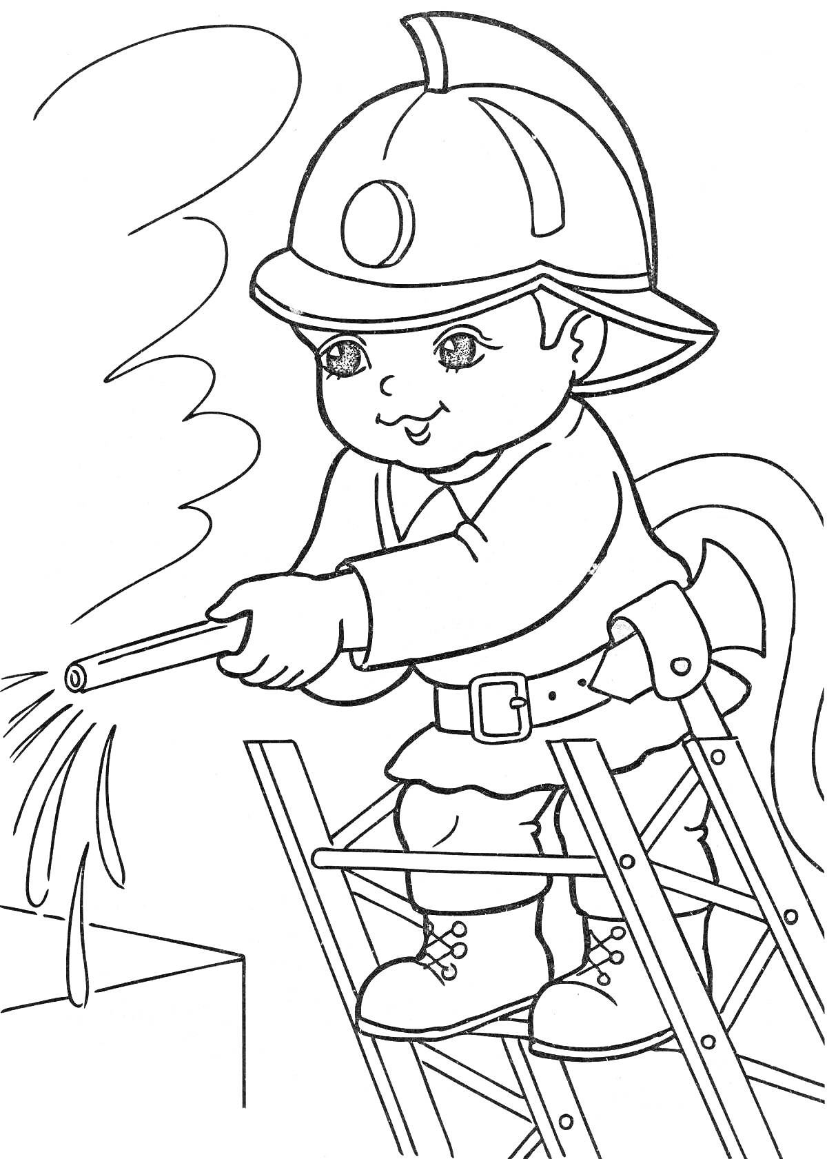 Раскраска Ребёнок-пожарный с шлангом, лестницей и огнем на столе.