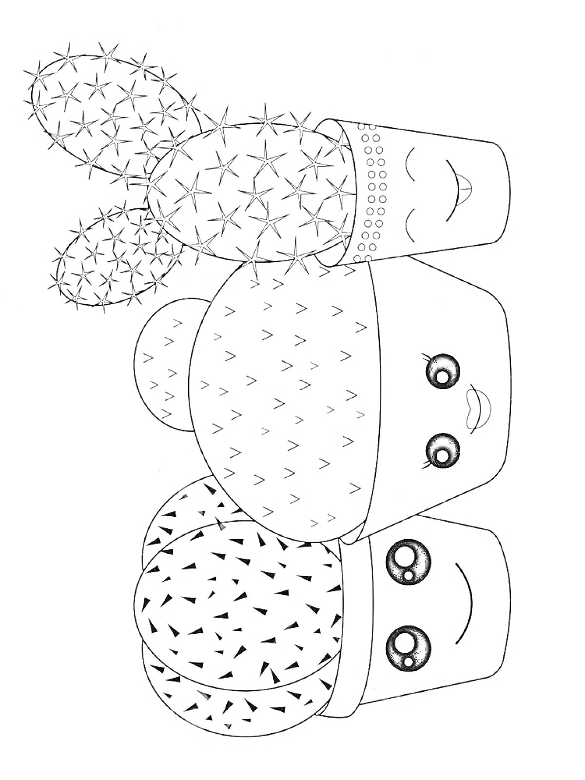 Раскраска Кавайные кактусы в горшках с лицами
