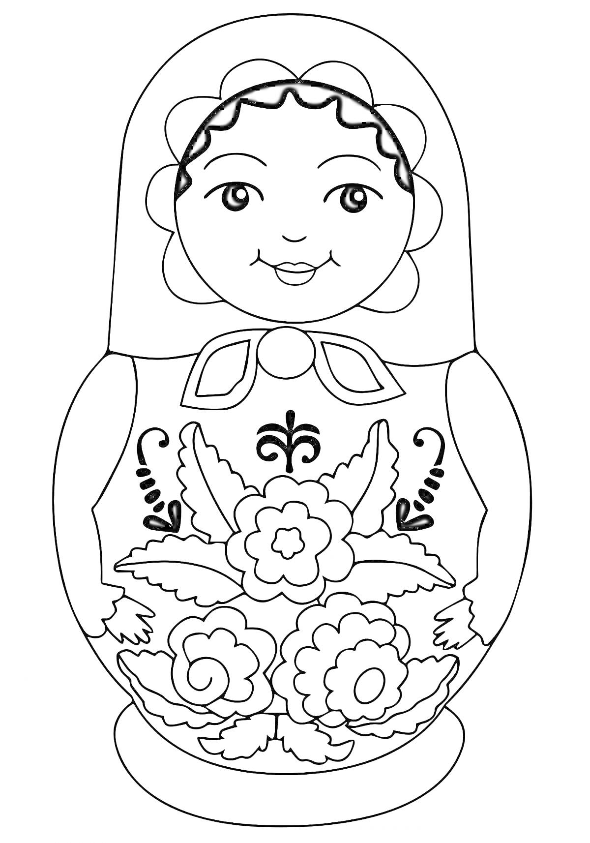 На раскраске изображено: Матрешка, Цветы, Листья, Кукла, Для детей, Традиции, Узоры, Шаблоны