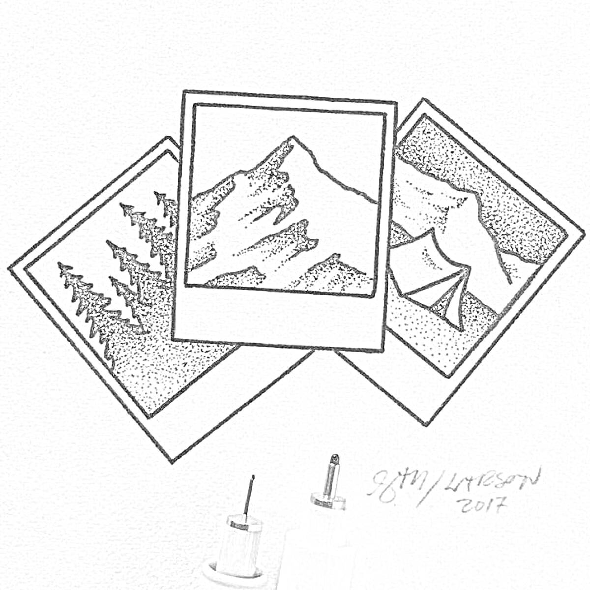 Раскраска Полароидные снимки с изображением гор, леса и палатки