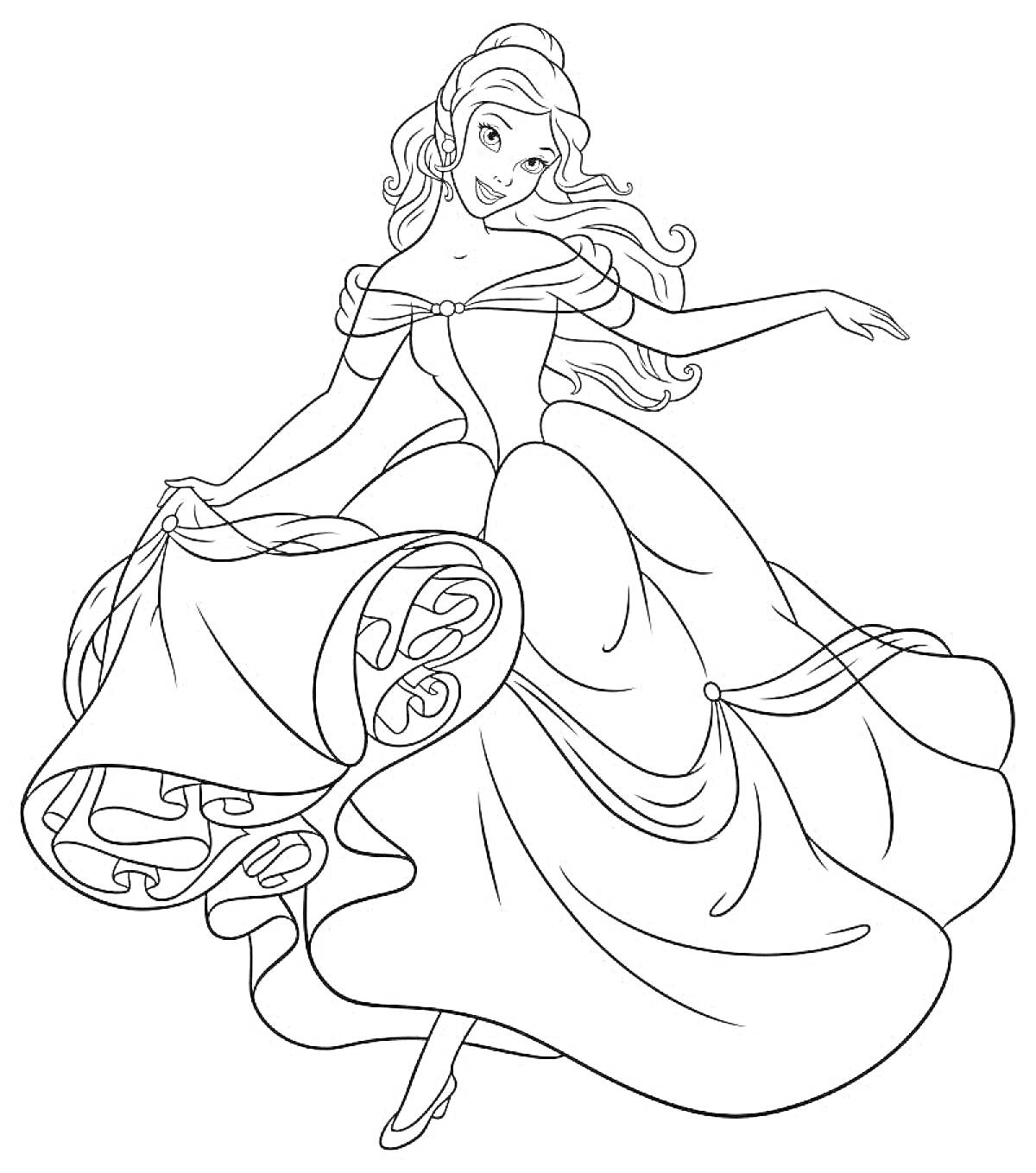 На раскраске изображено: Принцесса, Бель, Платье, Танец, Красавица и Чудовище, Наряд