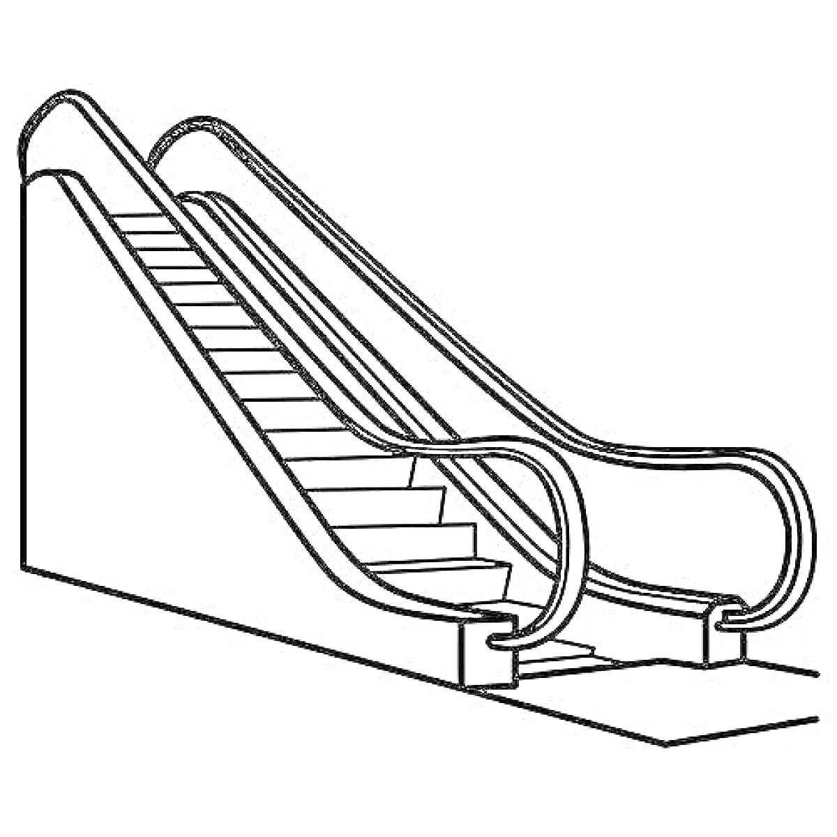 Эскалатор с перилами, ступенями и корпусом в помещении