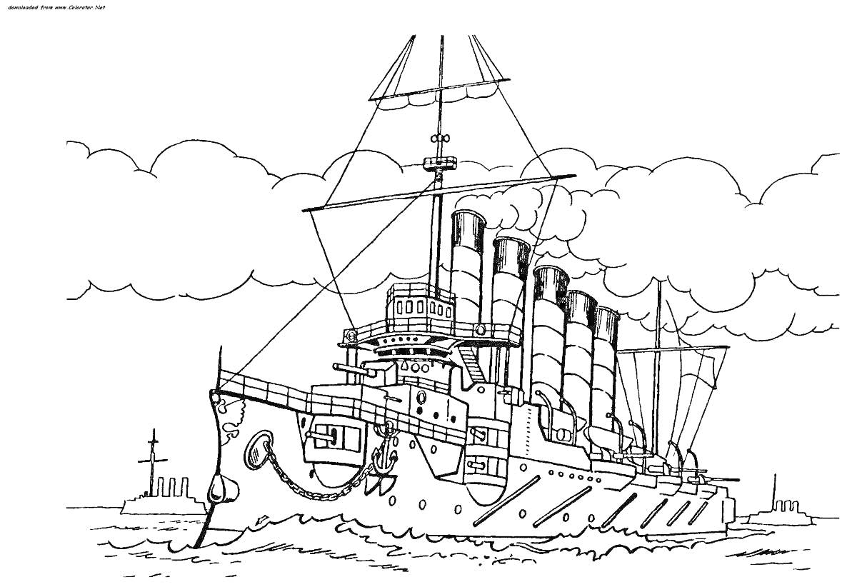 На раскраске изображено: Корабль, Военный корабль, Море, Облака, Флот, Для мальчиков