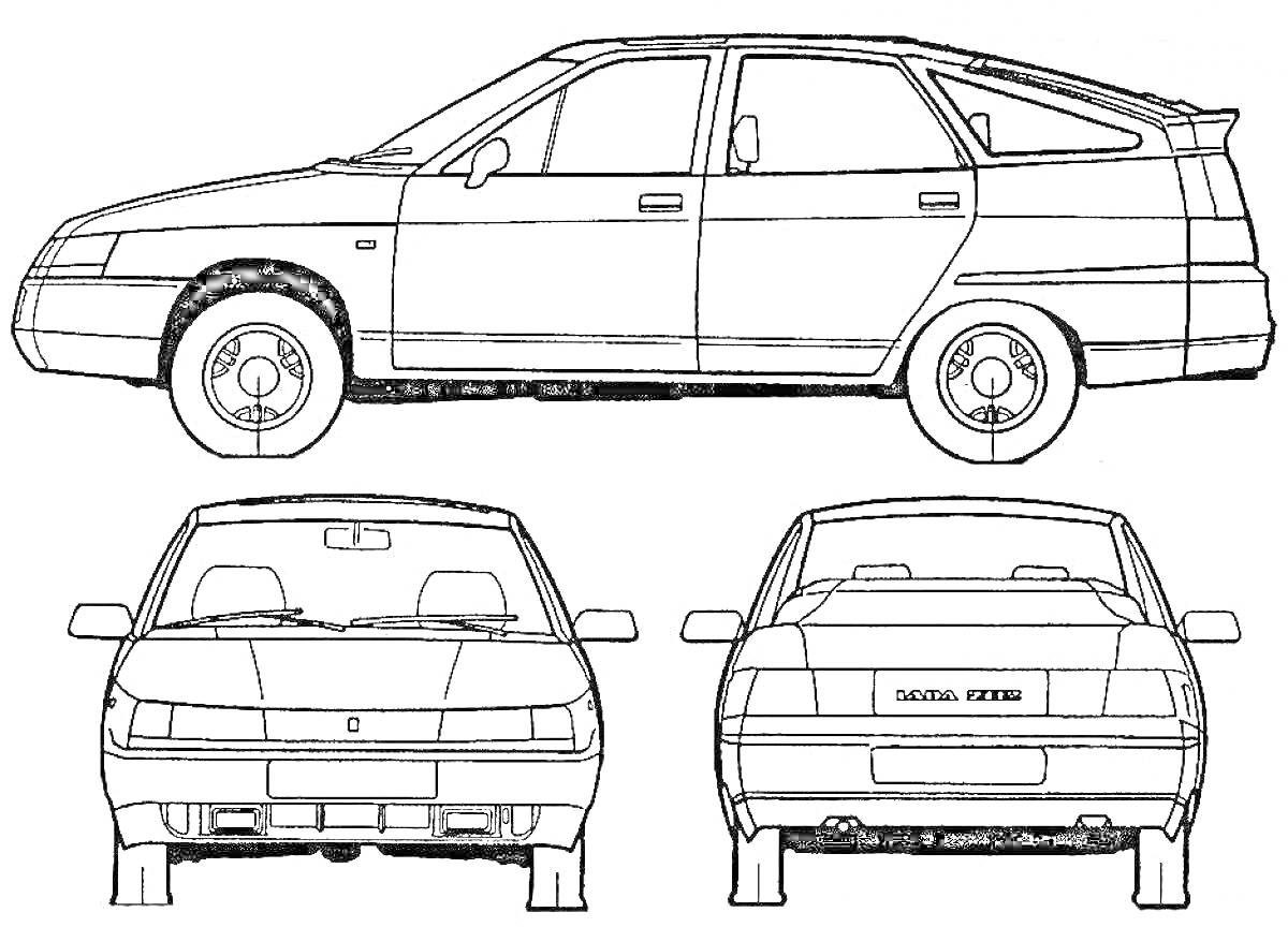 Раскраска ВАЗ 2112 - вид сбоку, вид спереди, вид сзади
